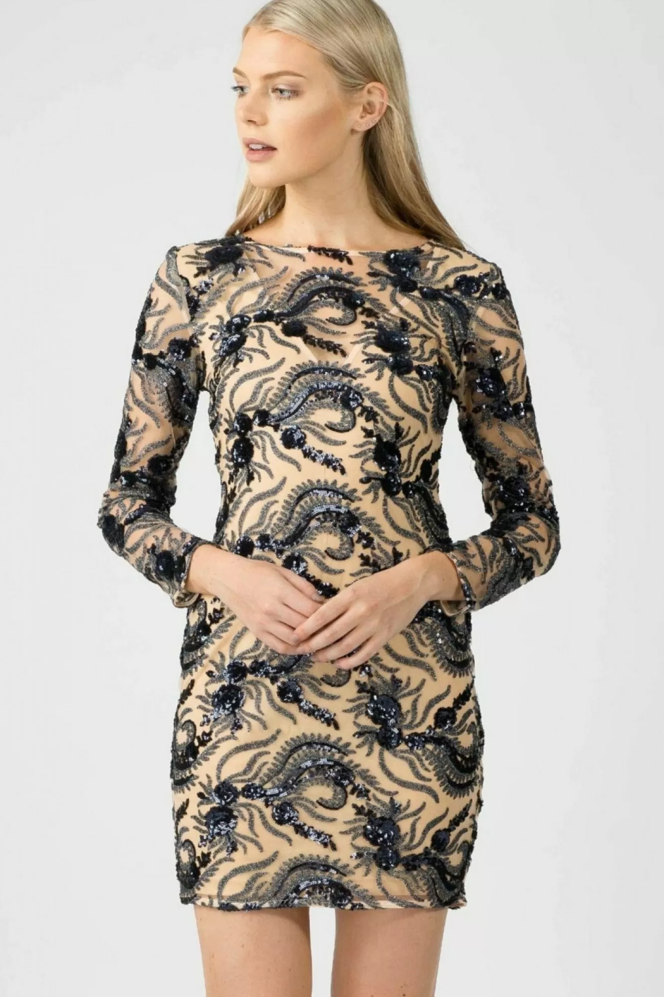 Mini Dresses^Aftershock London Sequin Long Sleeve Bodycon Dress Nude