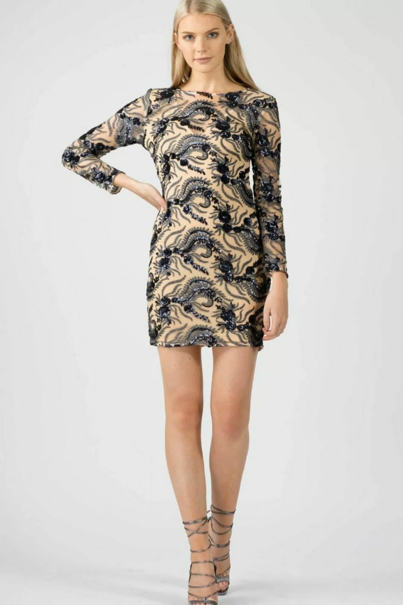 Mini Dresses^Aftershock London Sequin Long Sleeve Bodycon Dress Nude