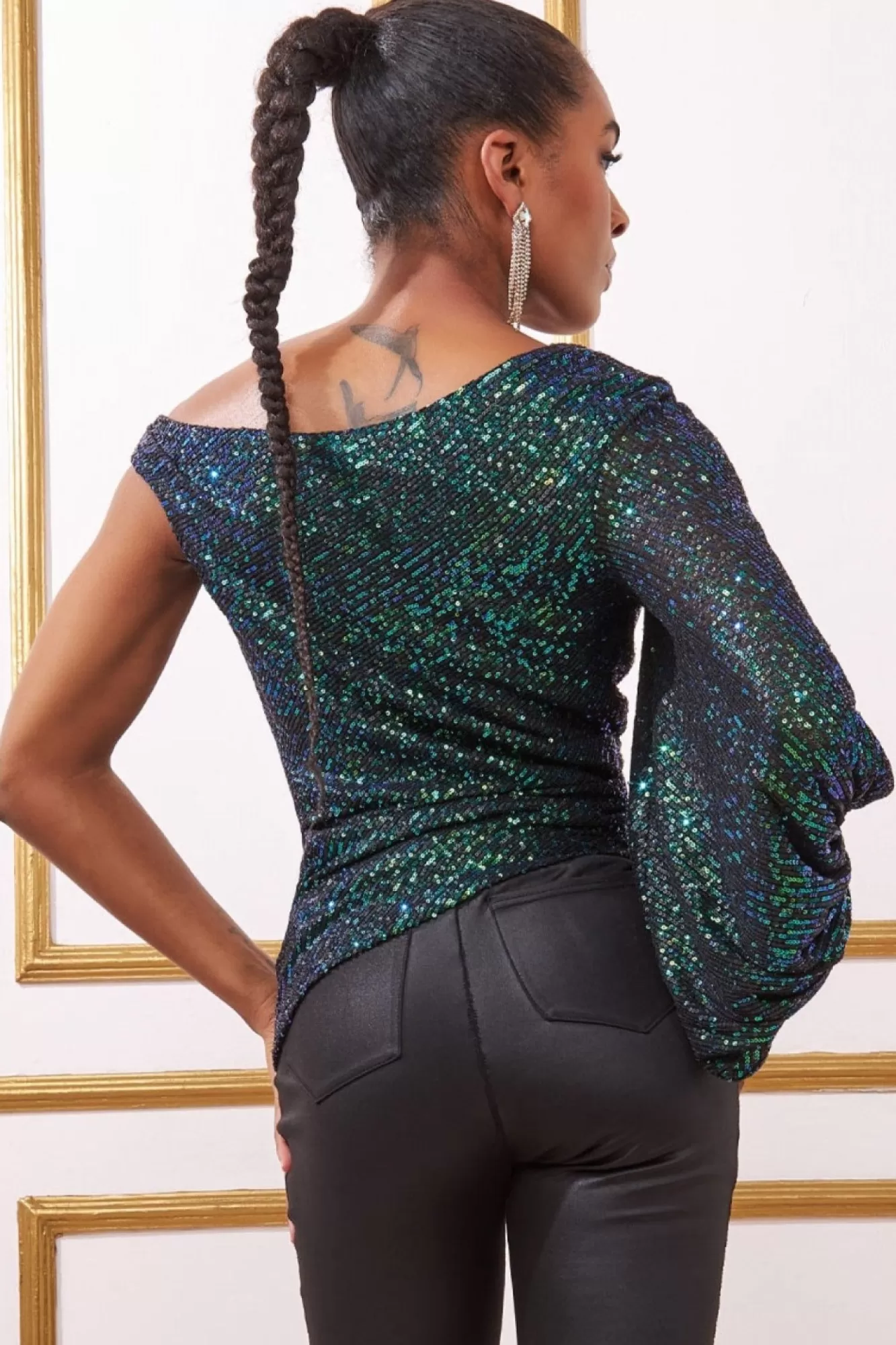 Blouses^* Asymmetric Sequin Balloon Sleeve Top Emerald