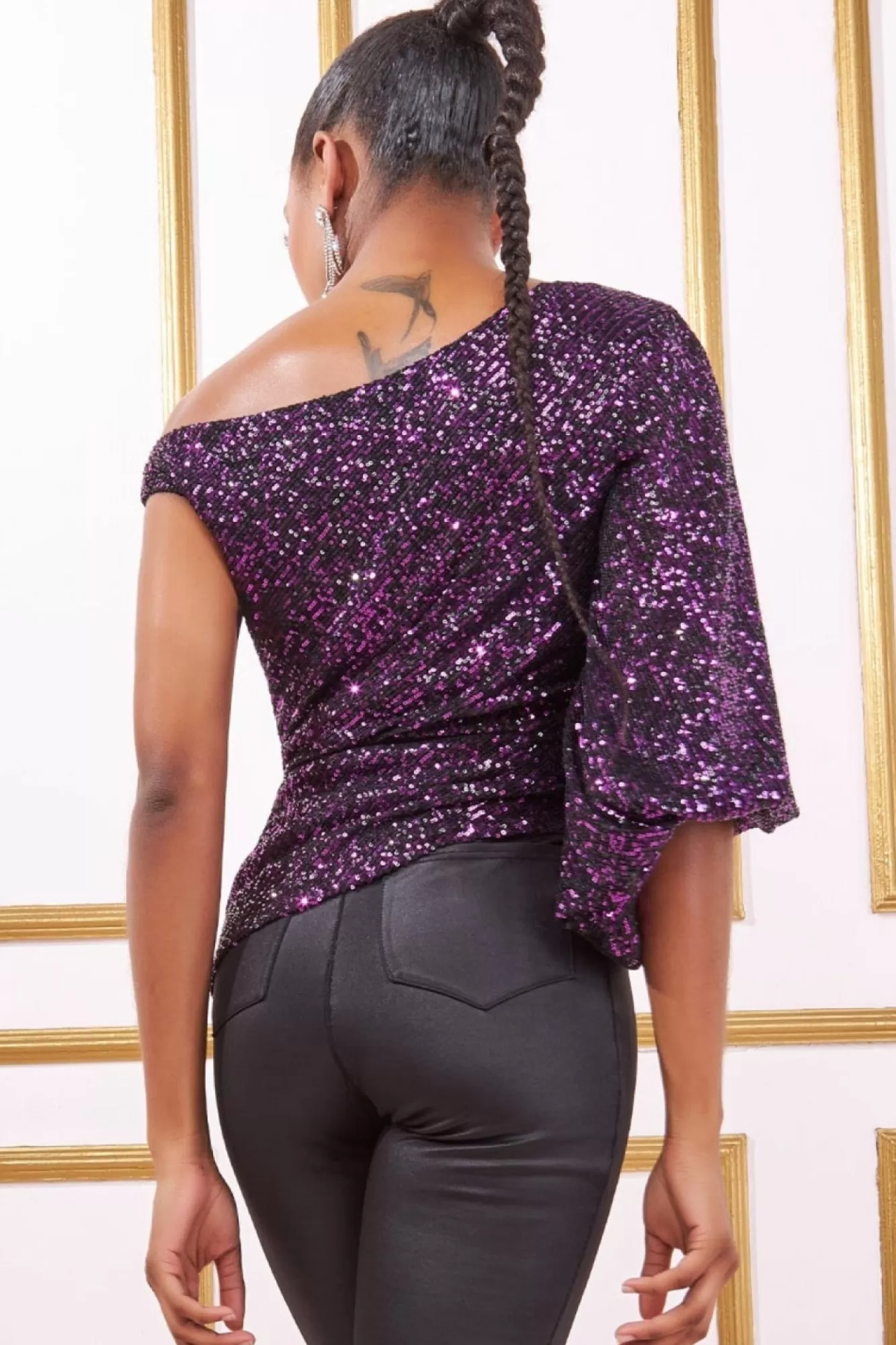 Blouses^* Asymmetric Sequin Balloon Sleeve Top Purple