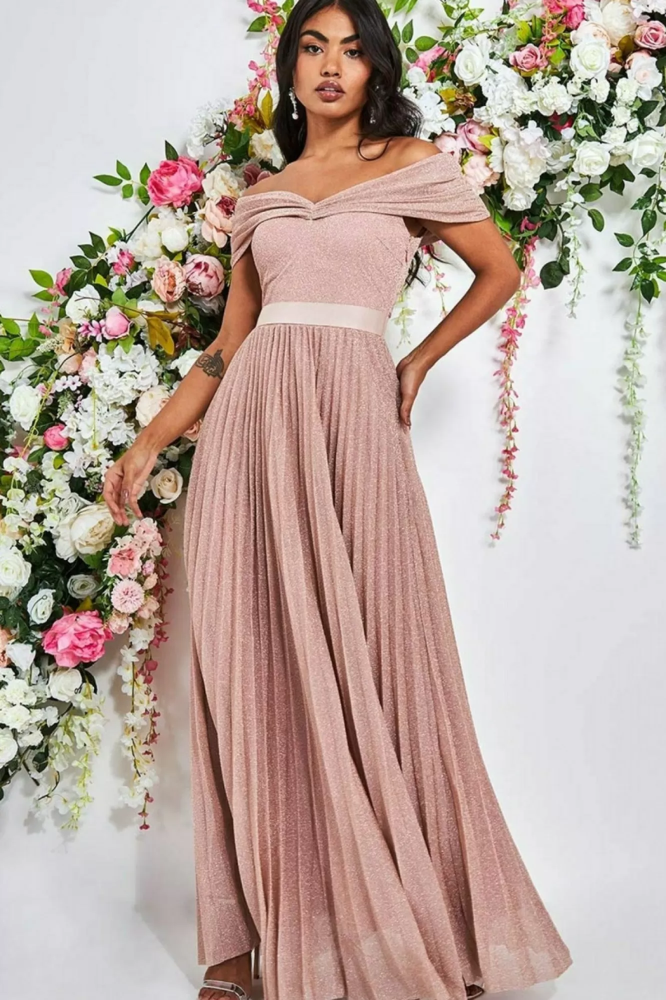 Maxi Dresses^* Bardot Pleated Skirt Maxi Dress Blush