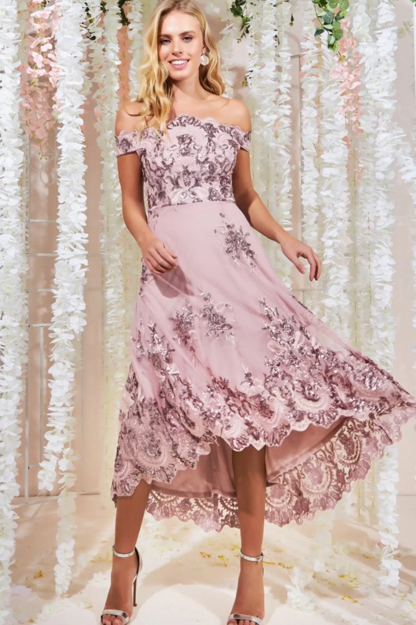Midi Dresses^* Bardot Sequin & Lace High Low Midi Blush