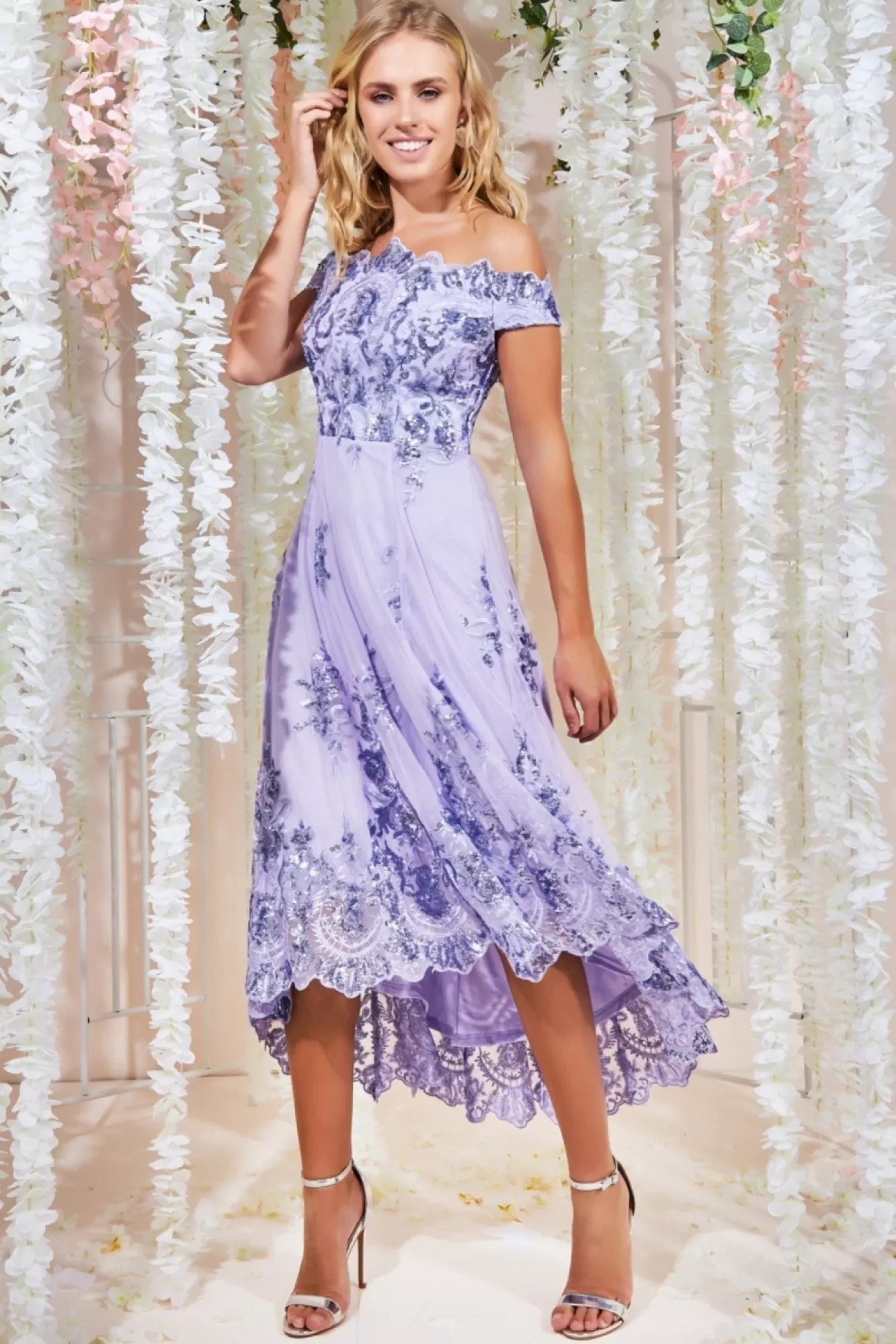 Midi Dresses^* Bardot Sequin & Lace High Low Midi Lilac