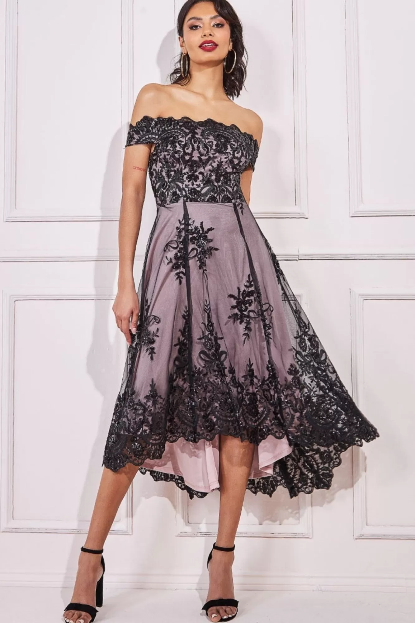 Midi Dresses^* Bardot Sequin & Lace High Low Midi Black