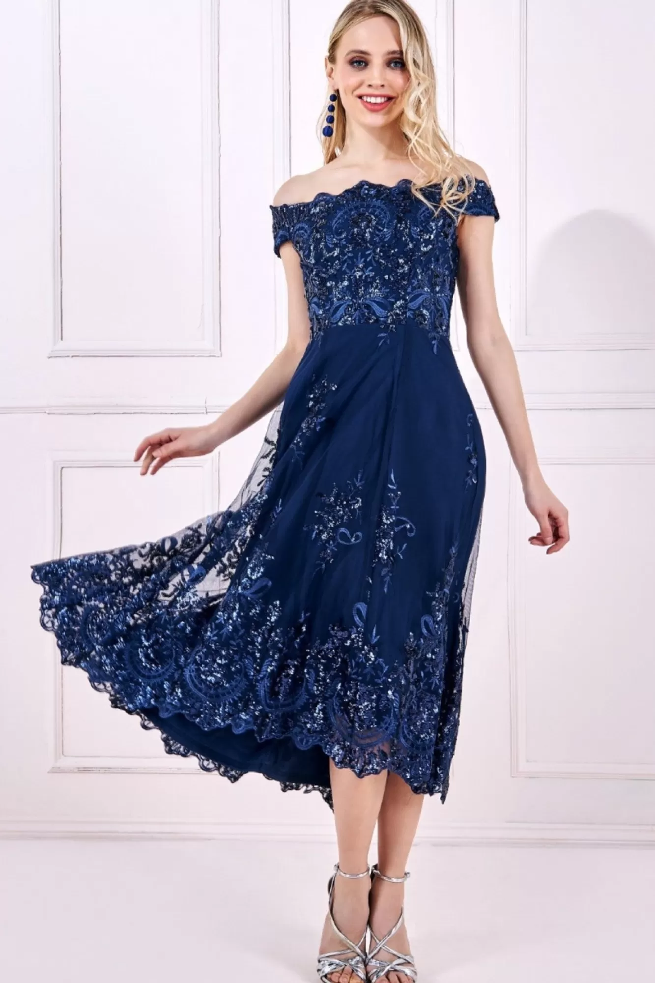 Midi Dresses^* Bardot Sequin & Lace High Low Midi Navy