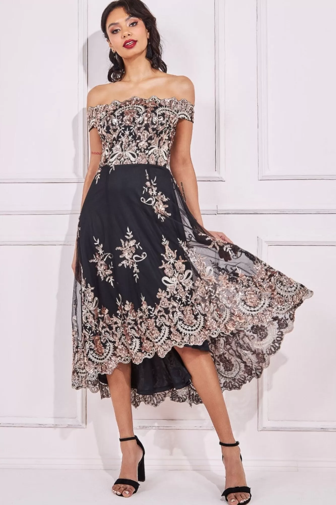 Midi Dresses^* Bardot Sequin & Lace High Low Midi Champagne