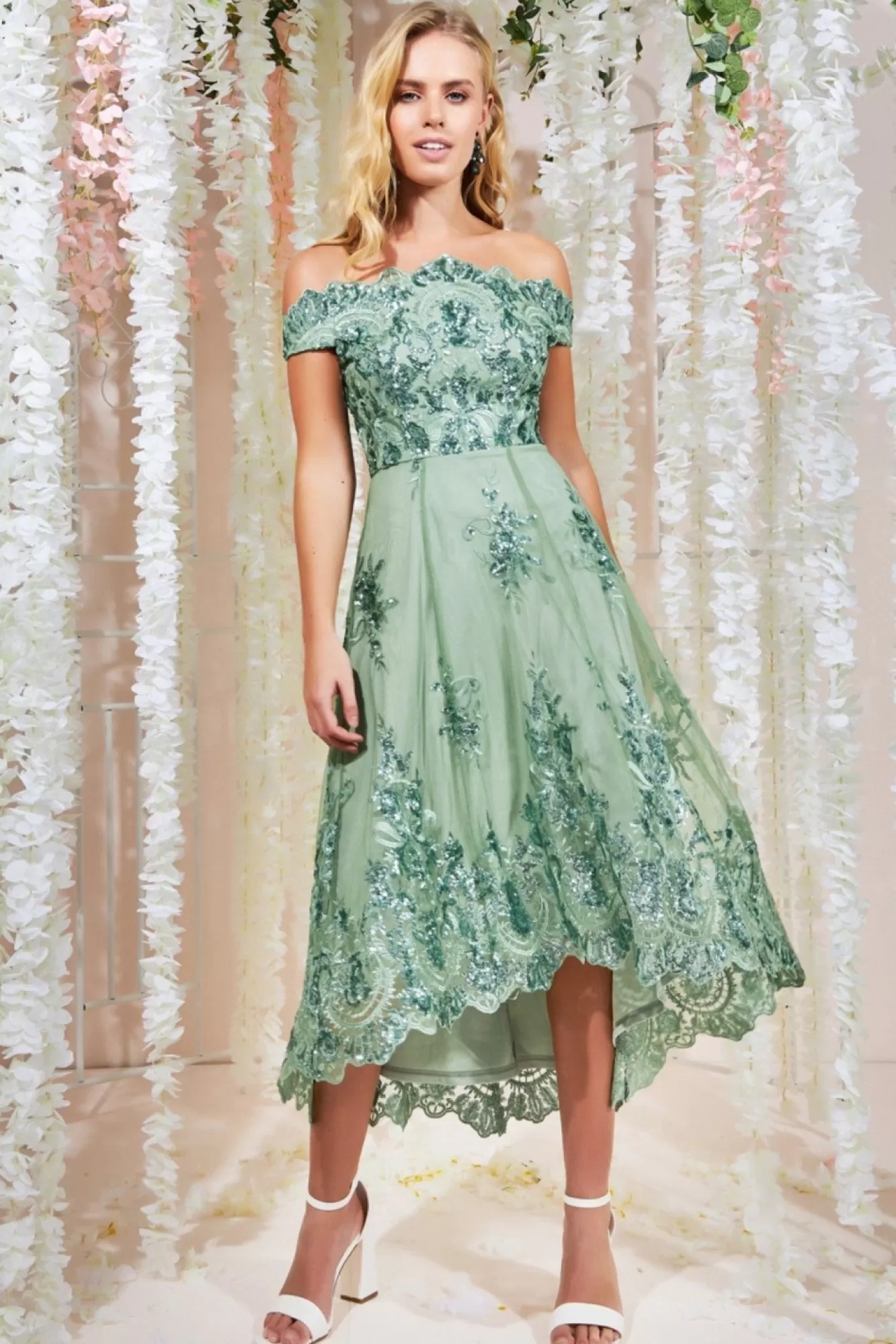 Midi Dresses^* Bardot Sequin & Lace High Low Midi Sagegreen