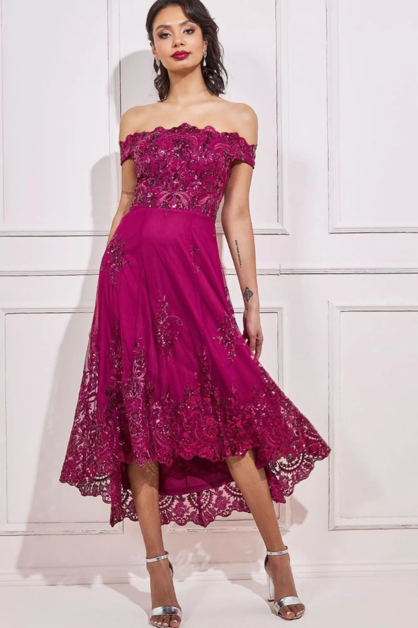 Midi Dresses^* Bardot Sequin & Lace High Low Midi Magenta