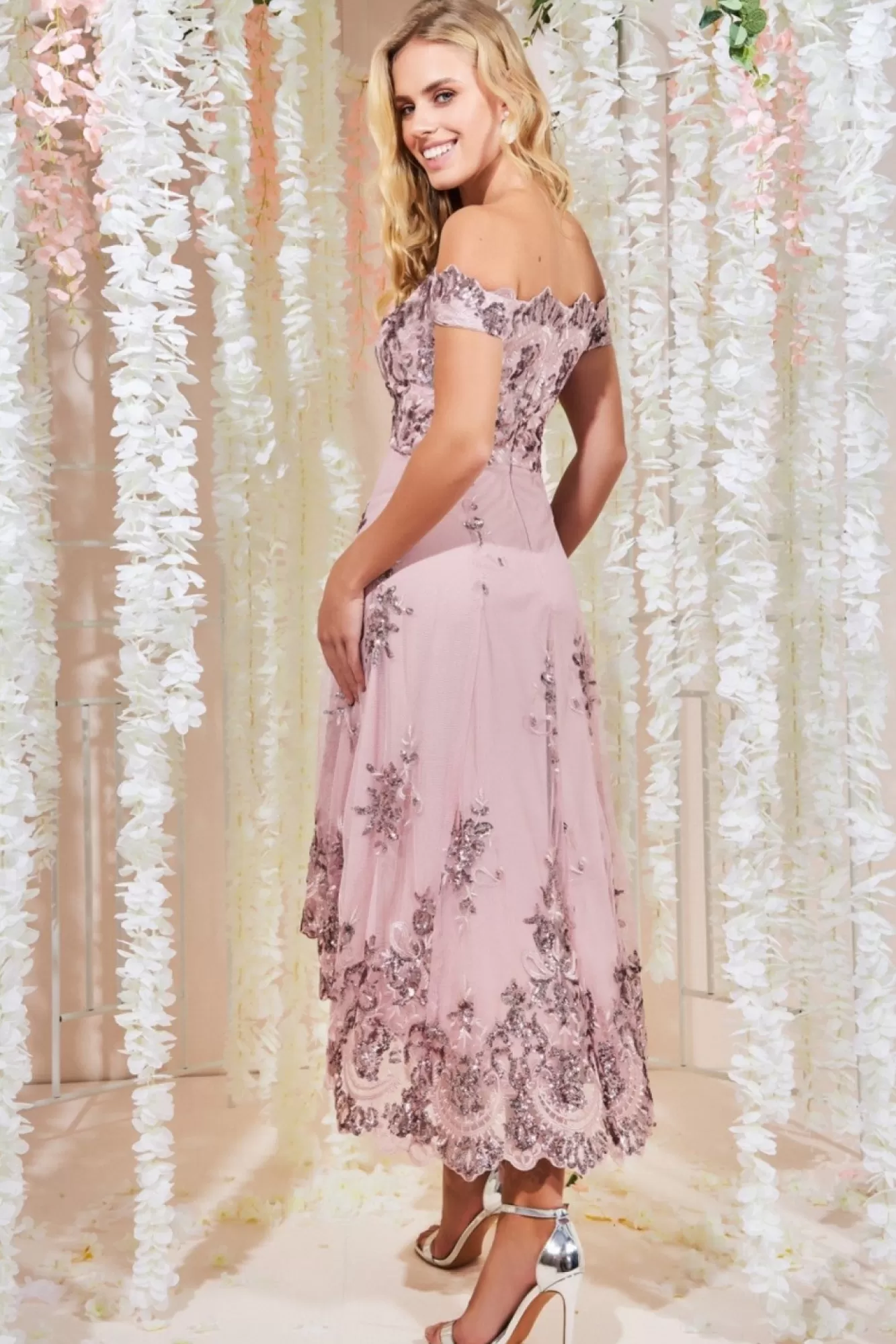 Midi Dresses^* Bardot Sequin & Lace High Low Midi Blush