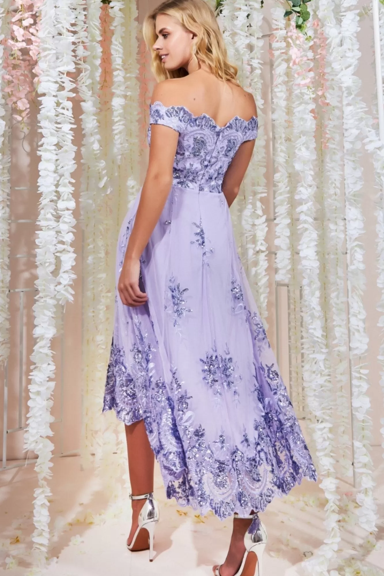 Midi Dresses^* Bardot Sequin & Lace High Low Midi Lilac