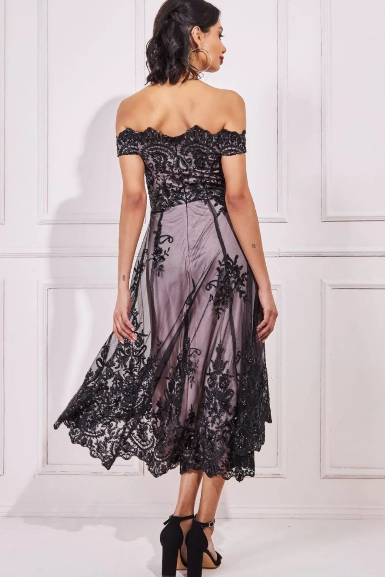Midi Dresses^* Bardot Sequin & Lace High Low Midi Black