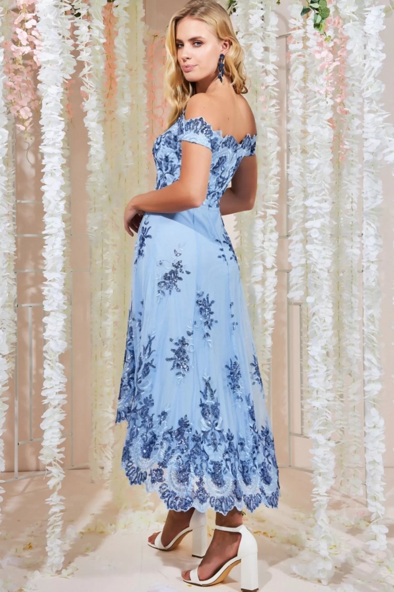 Midi Dresses^* Bardot Sequin & Lace High Low Midi Powderblue