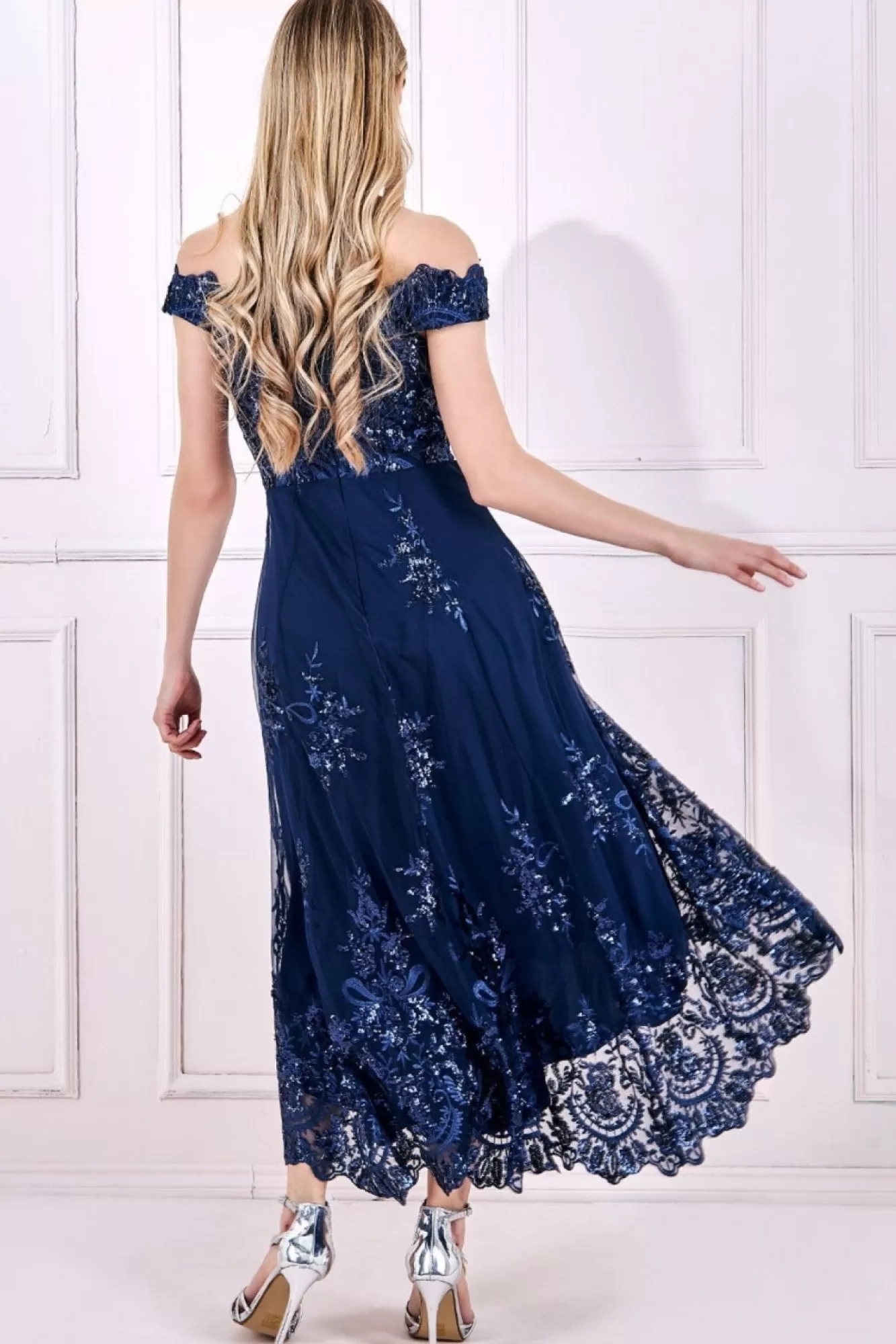 Midi Dresses^* Bardot Sequin & Lace High Low Midi Navy