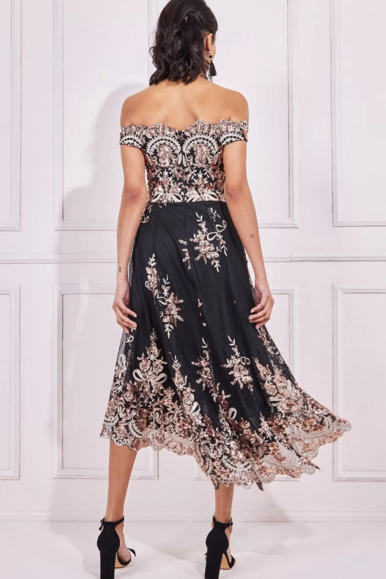 Midi Dresses^* Bardot Sequin & Lace High Low Midi Champagne
