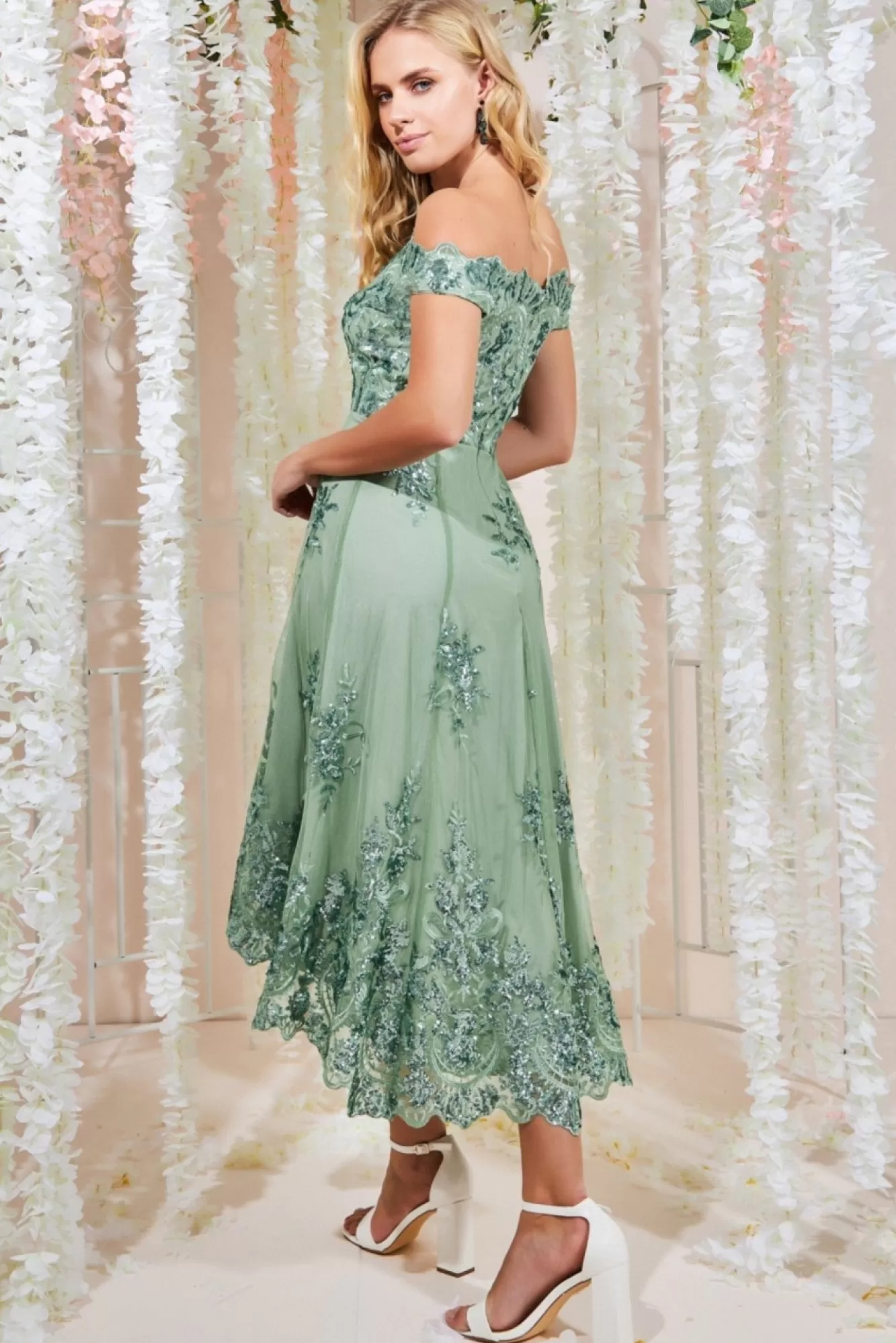 Midi Dresses^* Bardot Sequin & Lace High Low Midi Sagegreen