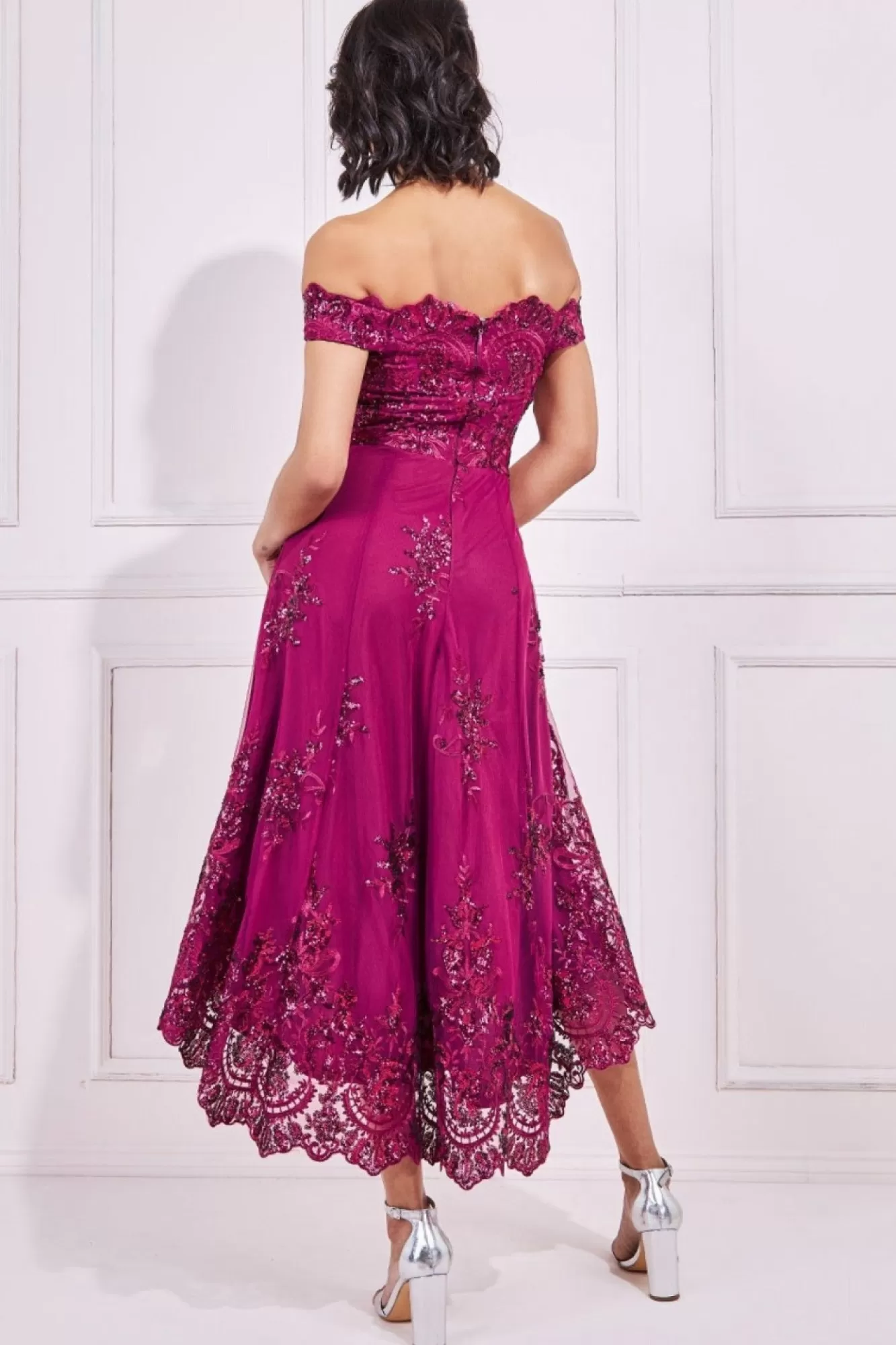 Midi Dresses^* Bardot Sequin & Lace High Low Midi Magenta