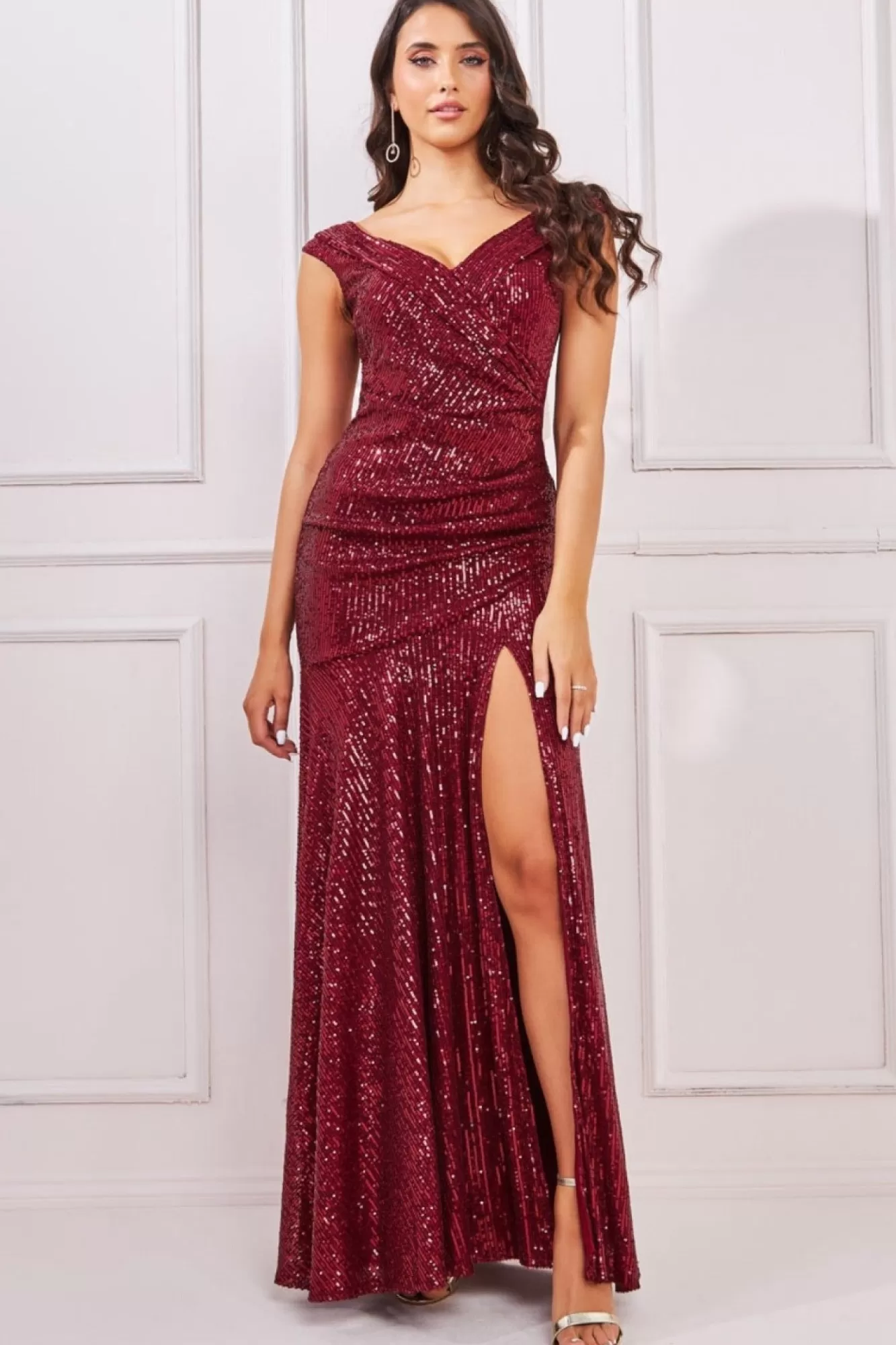 Maxi Dresses^* Bardot Sequin Pleated Maxi Dress Wine