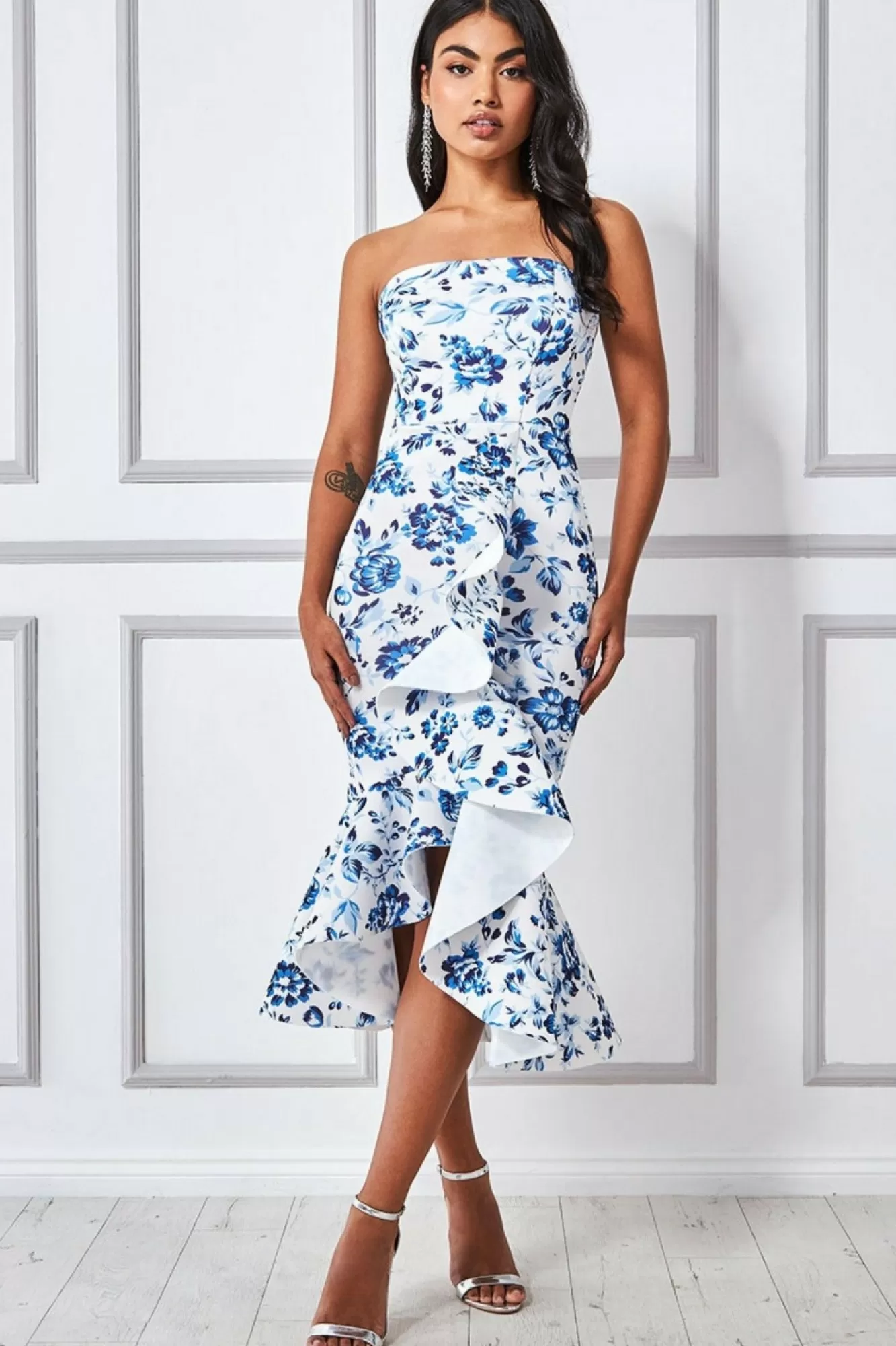Midi Dresses^* Bow Bandeau Midi With Ruffles Print Blue