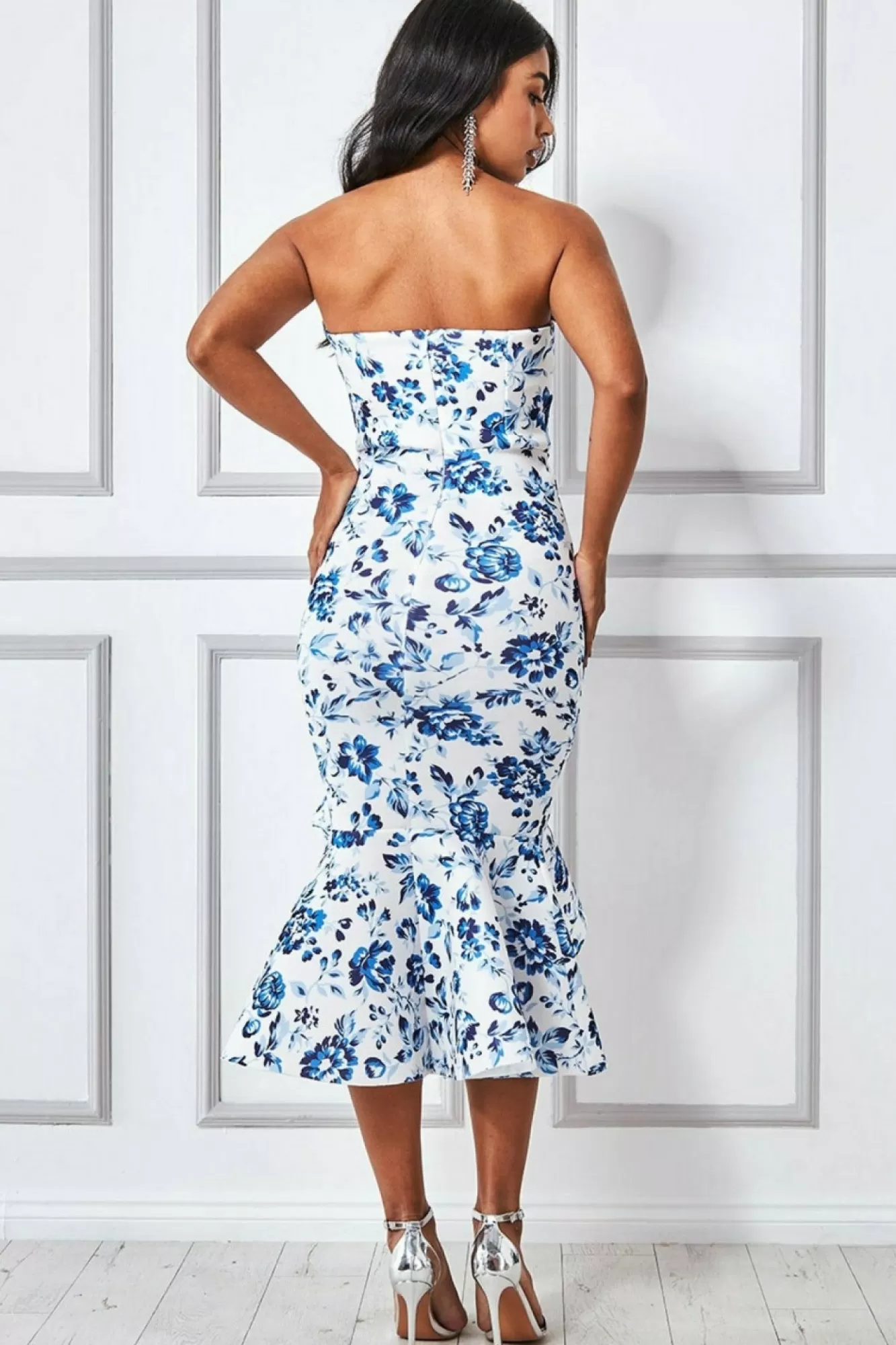 Midi Dresses^* Bow Bandeau Midi With Ruffles Print Blue