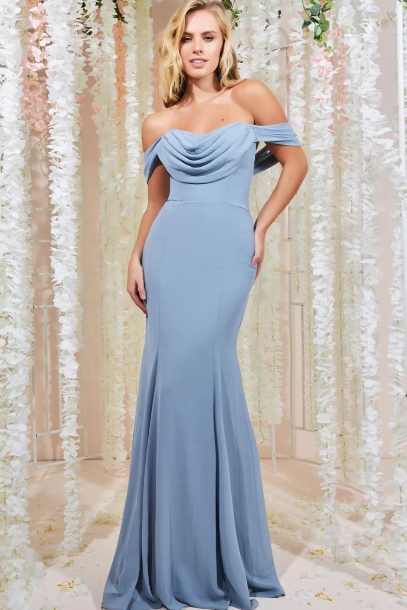 Maxi Dresses^* Chiffon Bardot Cowl Neck Maxi Dress Duskyblue