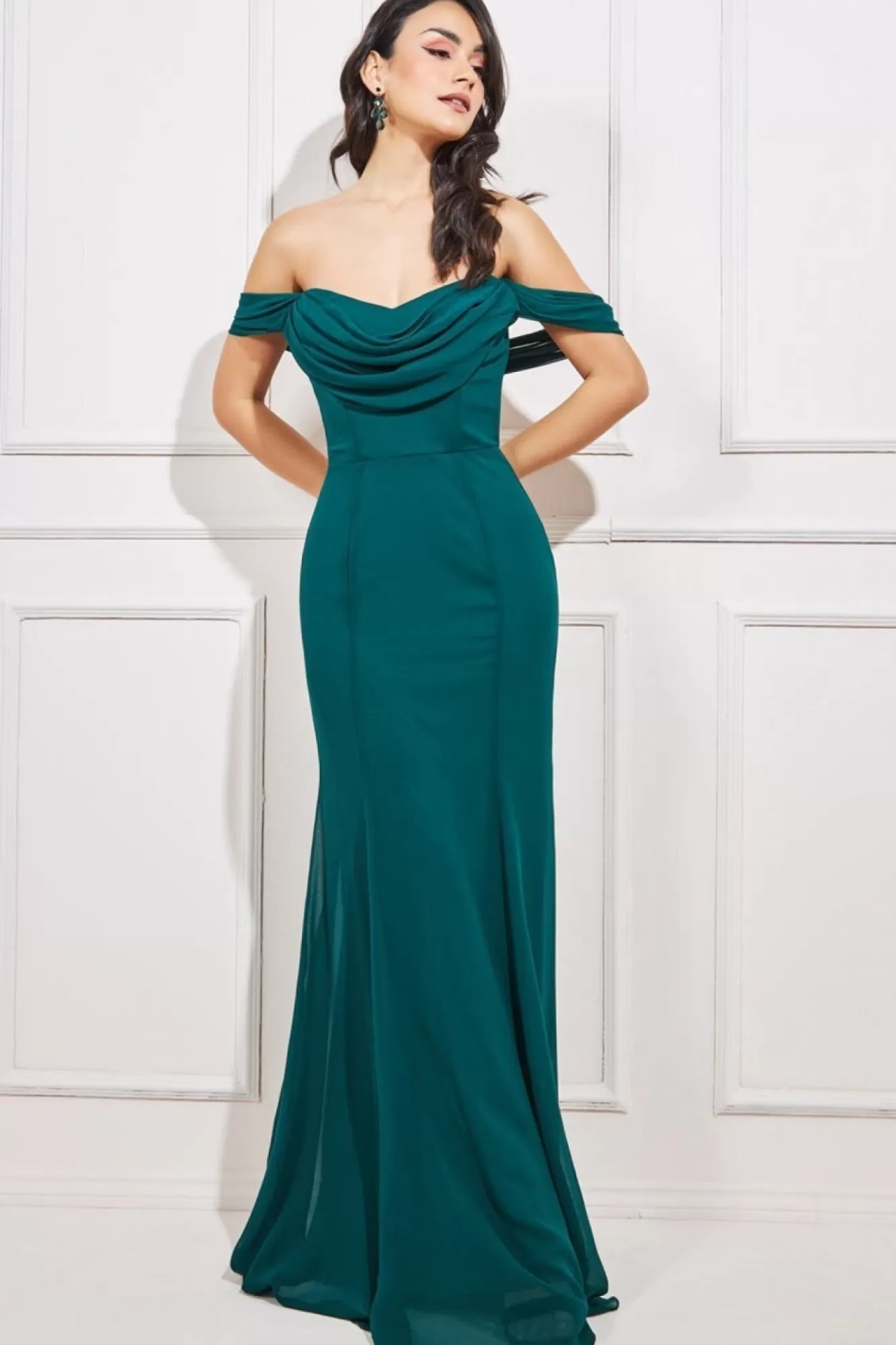 Maxi Dresses^* Chiffon Bardot Cowl Neck Maxi Dress Green Emerald