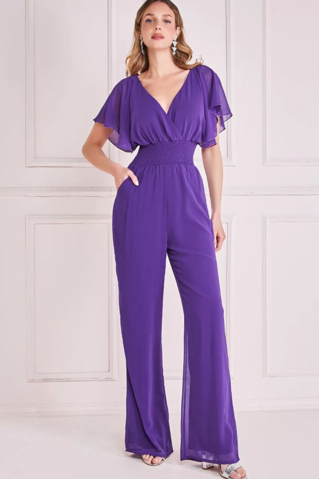 Jumpsuits^* Chiffon Jumpsuit With Flutter Sleeves Purple