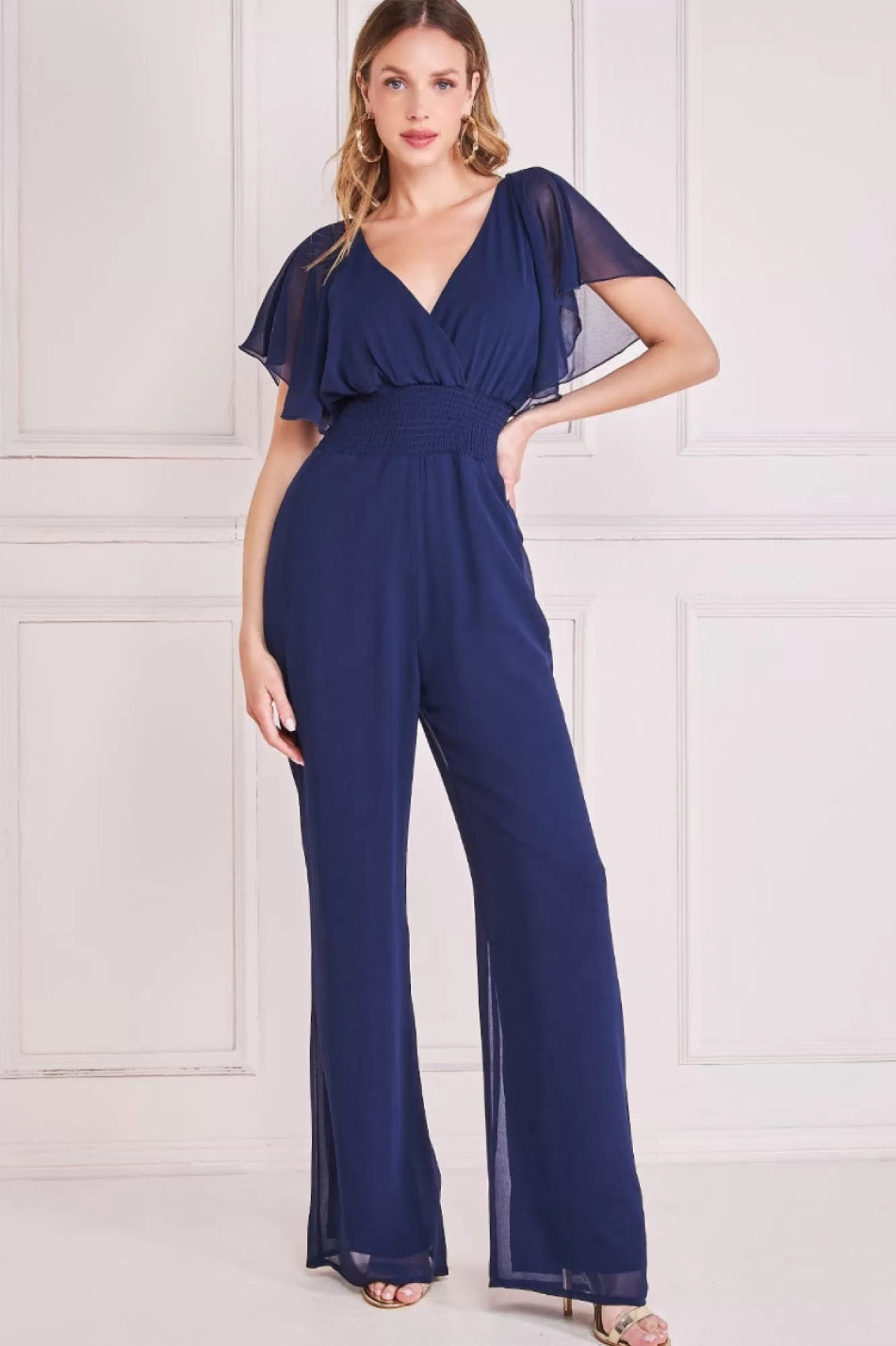 Jumpsuits^* Chiffon Jumpsuit With Flutter Sleeves Navy