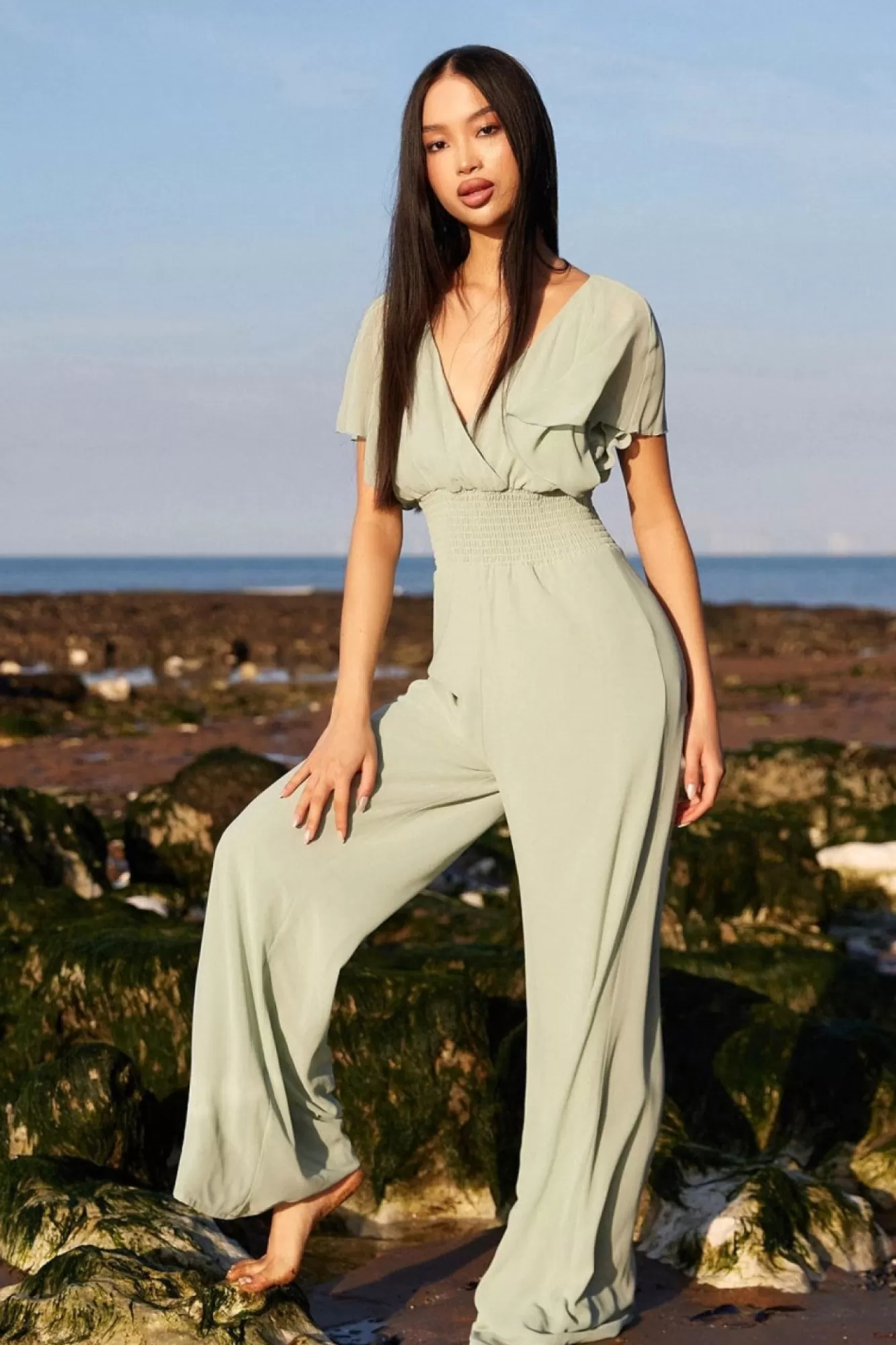 Jumpsuits^* Chiffon Jumpsuit With Flutter Sleeves - Sage Green Sagegreen