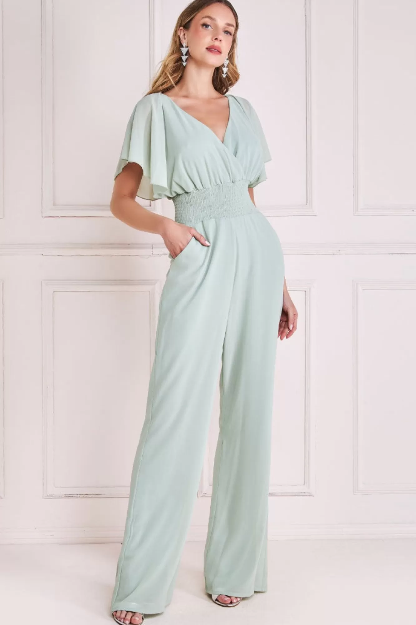 Jumpsuits^* Chiffon Jumpsuit With Flutter Sleeves - Sage Green Sagegreen