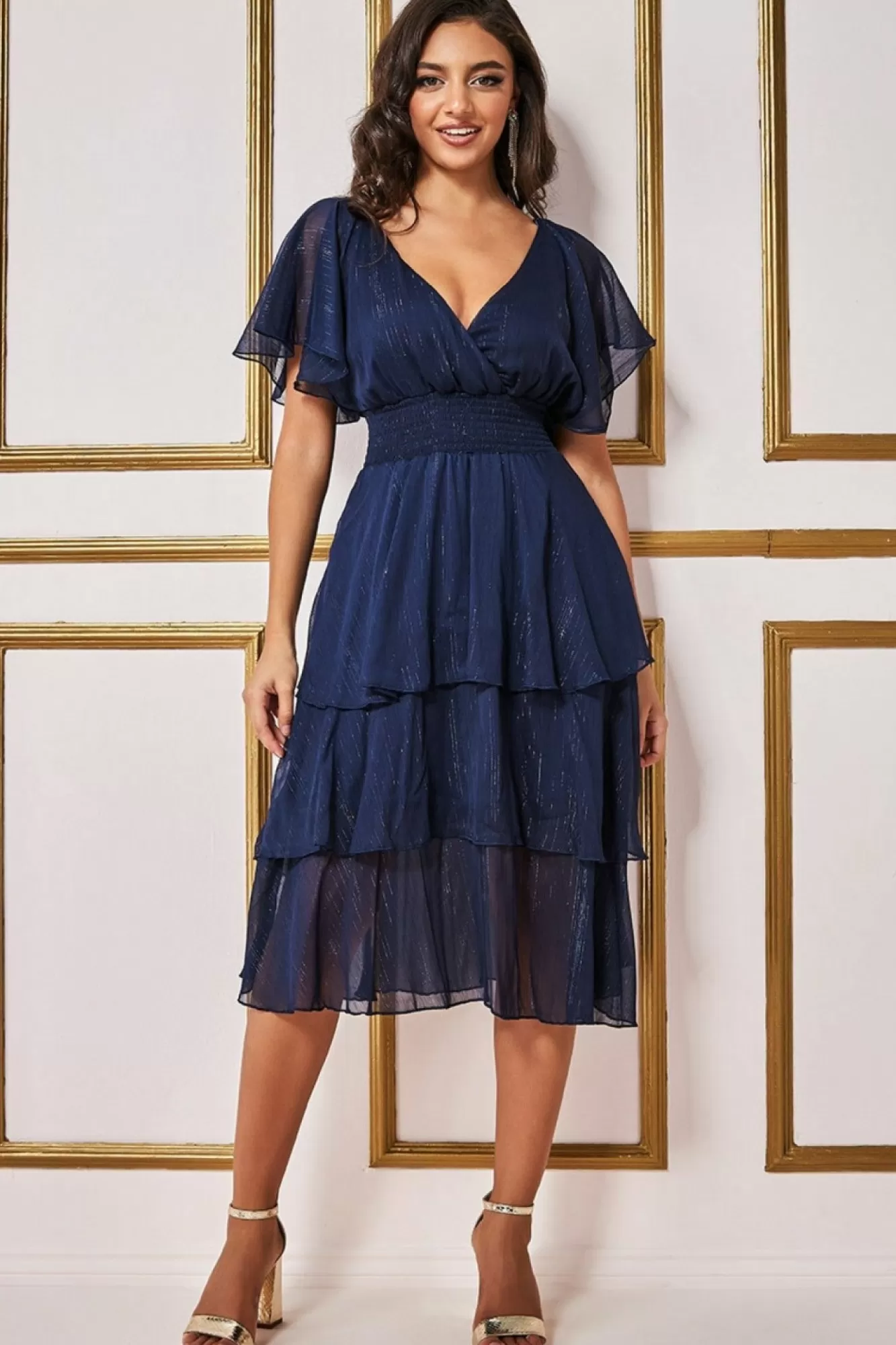 Midi Dresses^* Chiffon Layered Flutter Sleeve Midi Dress Navy