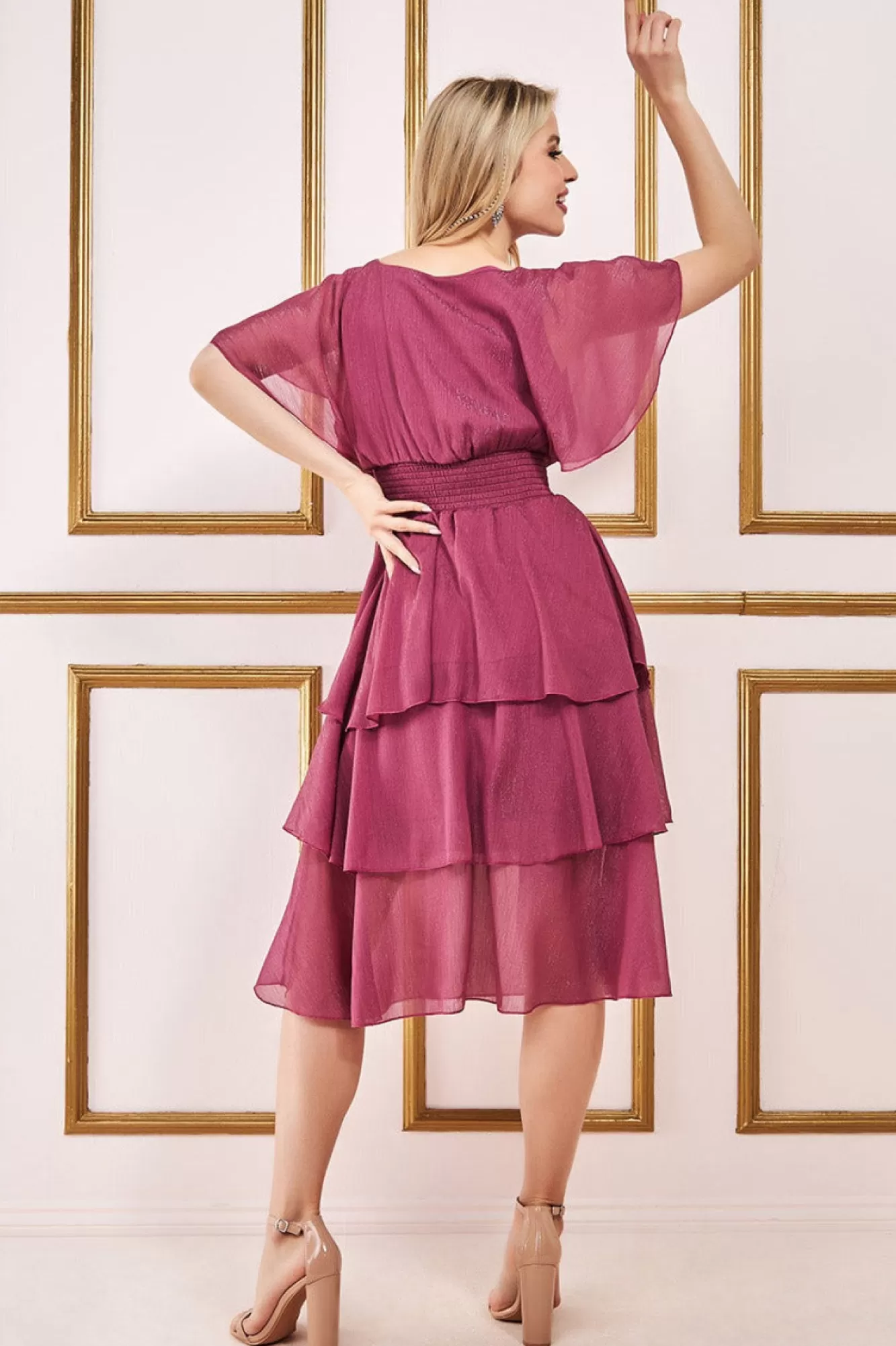 Midi Dresses^* Chiffon Layered Flutter Sleeve Midi Dress Pink