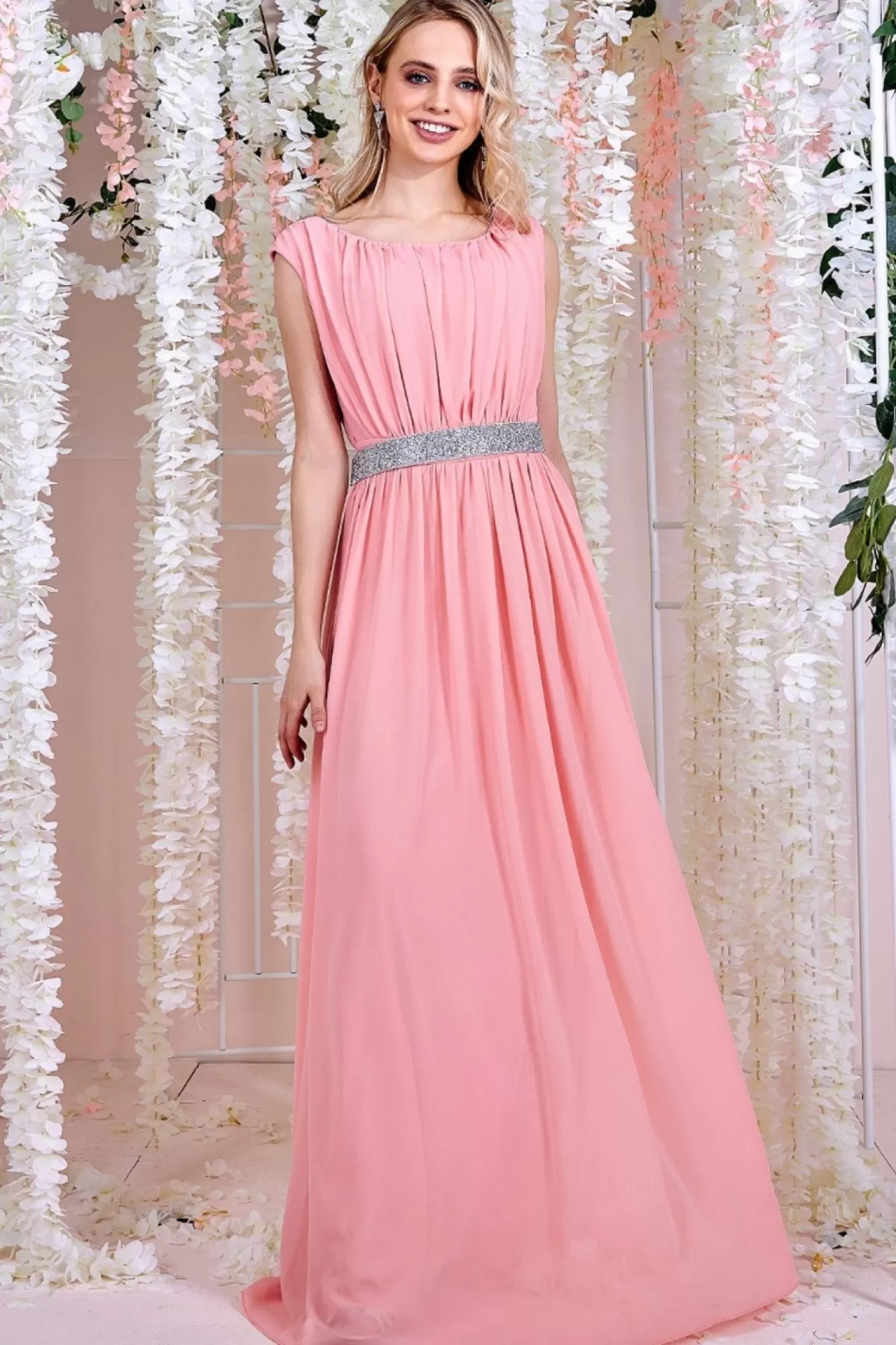 Maxi Dresses^* Chiffon Maxi With Embellished Belt Peach