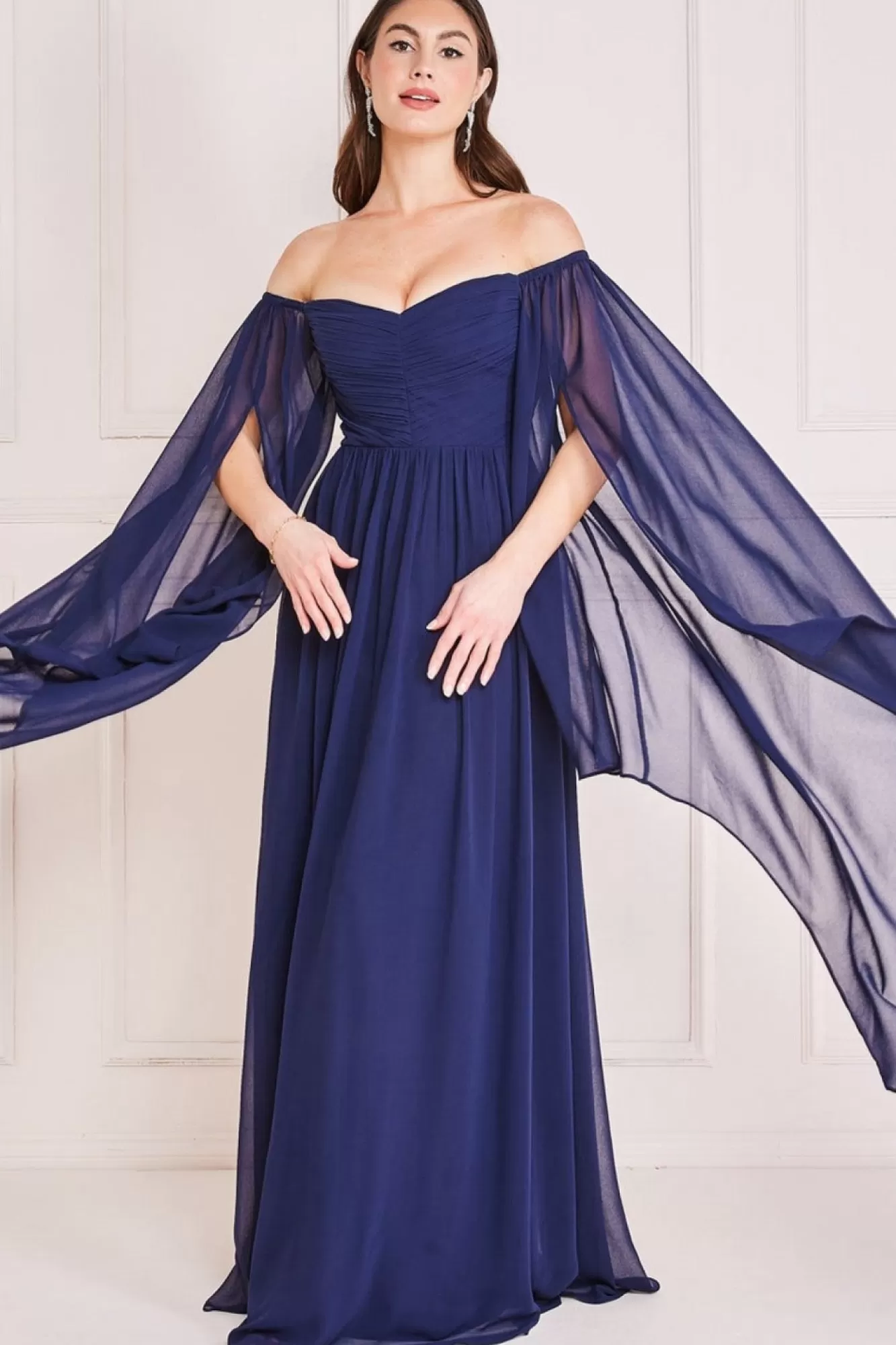 Maxi Dresses^* Chiffon Off The Shoulder Maxi With Wings Navy