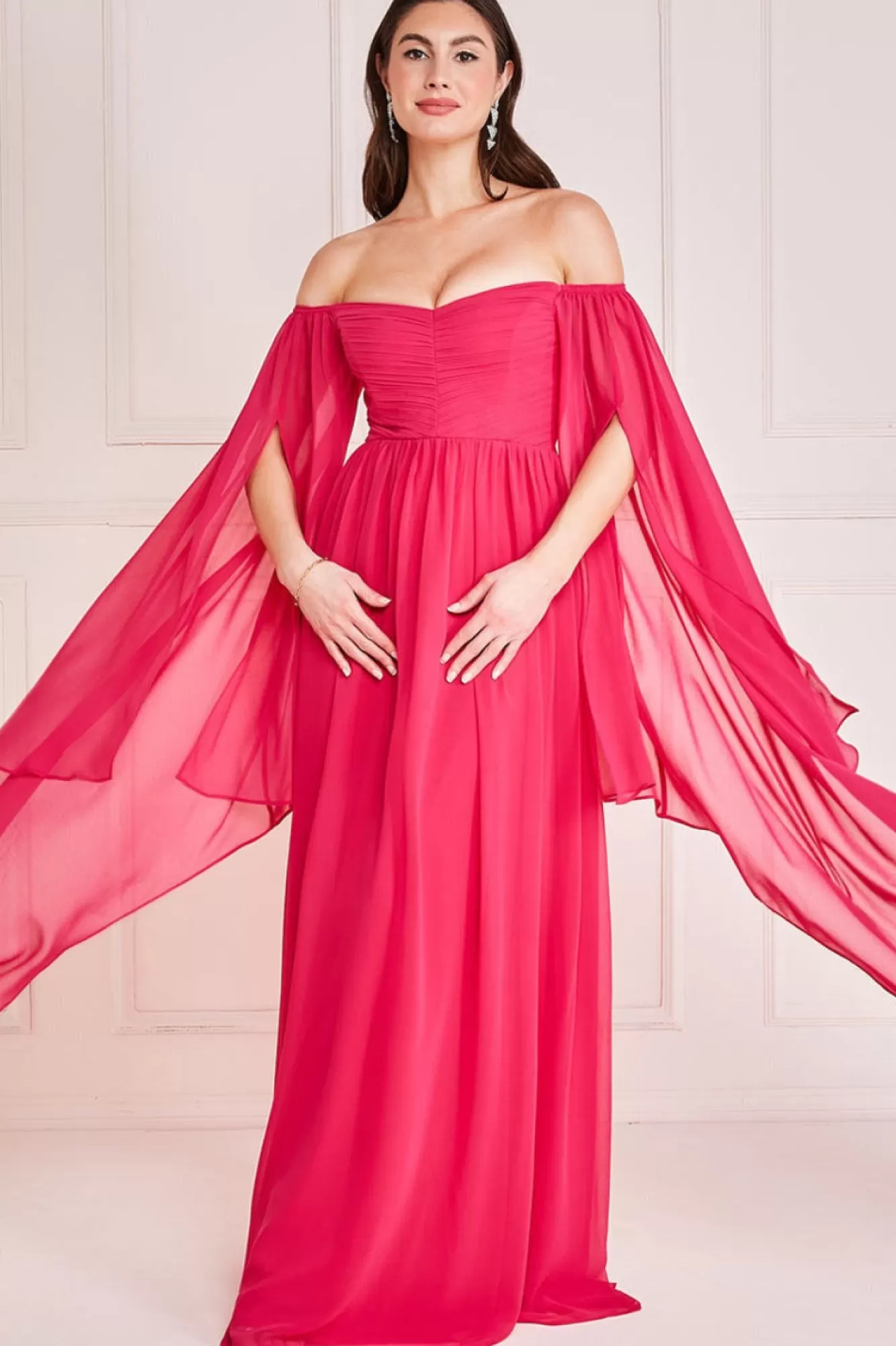 Maxi Dresses^* Chiffon Off The Shoulder Maxi With Wings - Hot Pink Hotpink