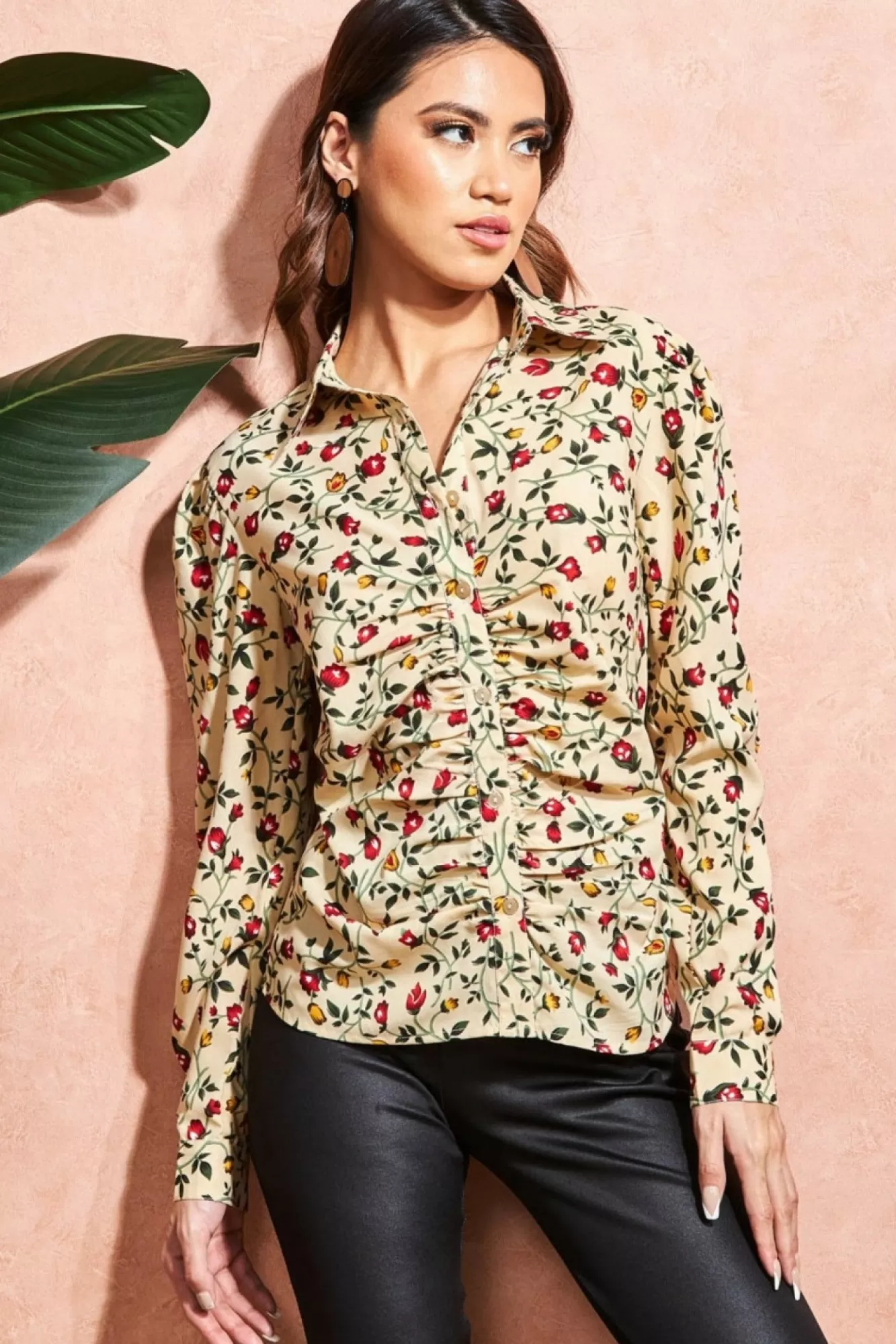 Blouses^City Goddess Floral Print Shirt Beige