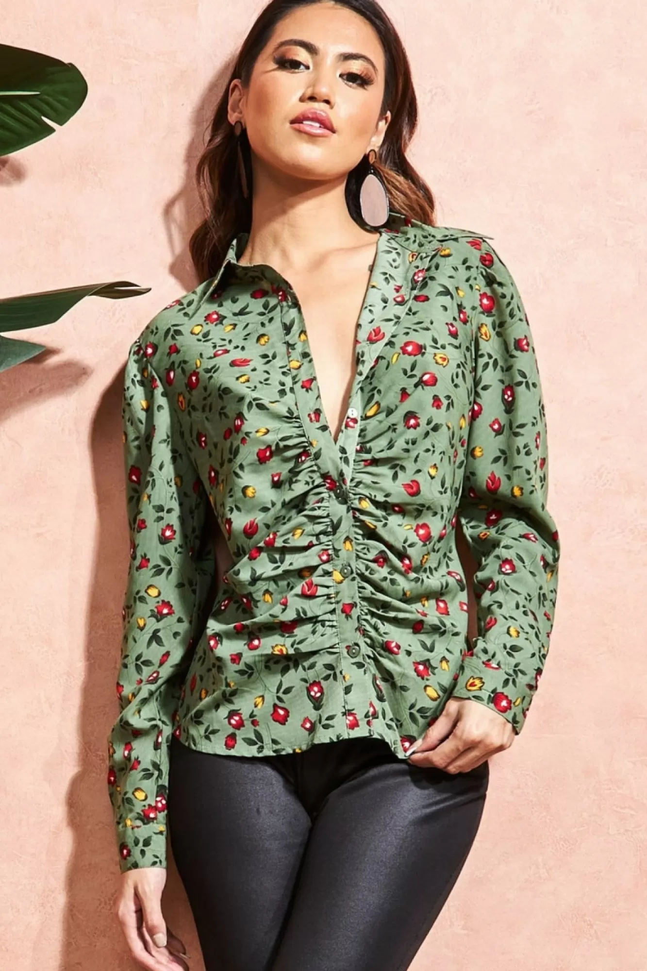 Blouses^City Goddess Floral Print Shirt Sagegreen