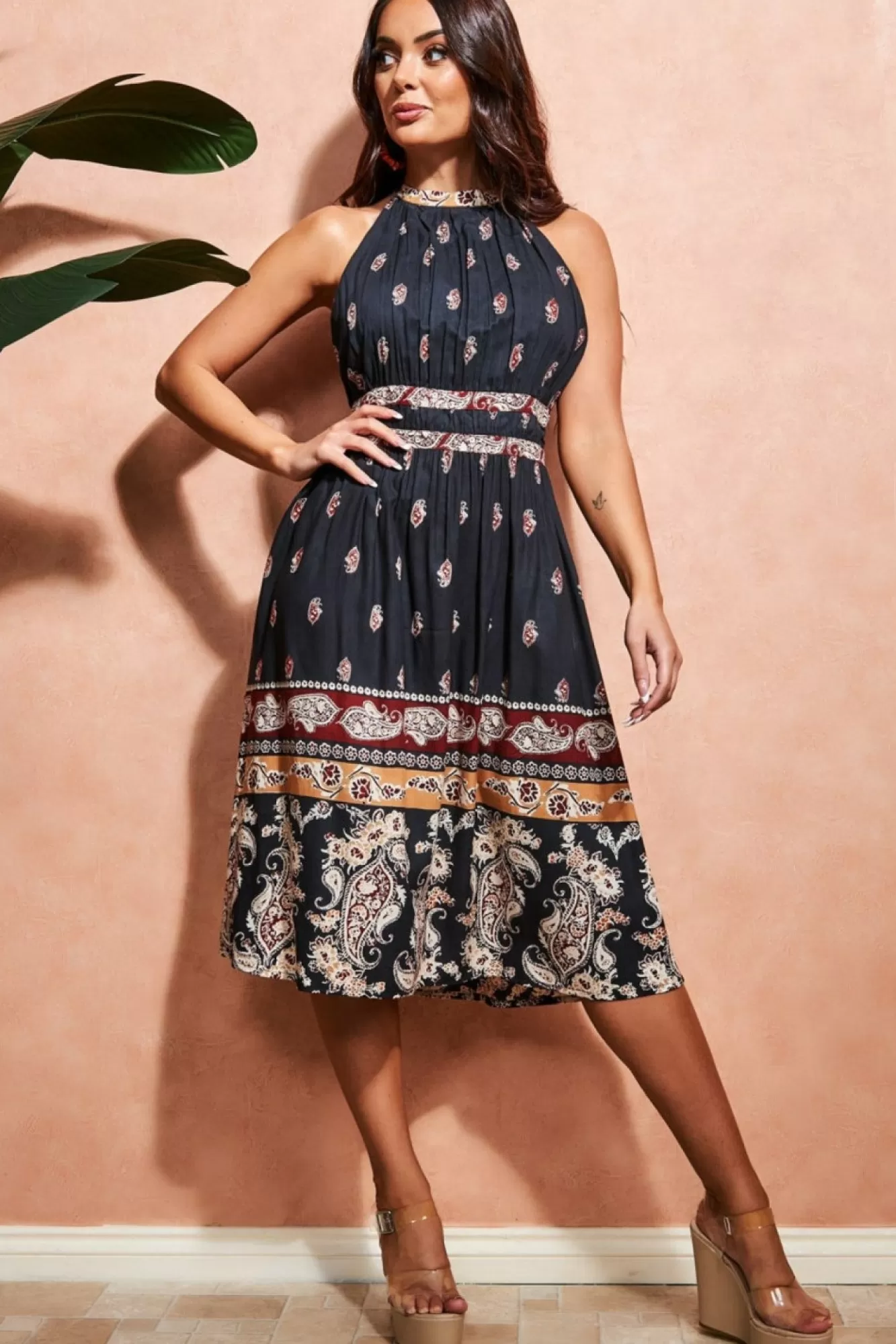 Midi Dresses^City Goddess Halter Neck Printed Midi Dress Black