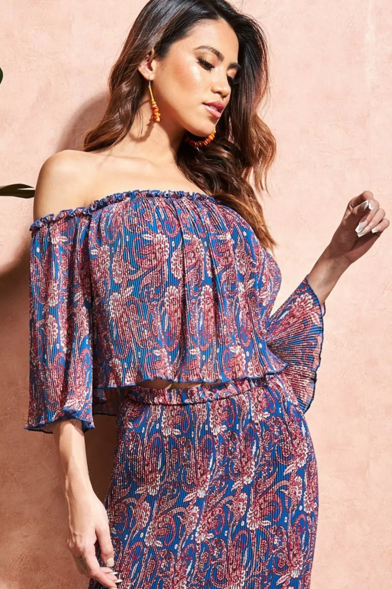 Crop Tops^City Goddess Off The Shoulder Printed Crop Top Blue