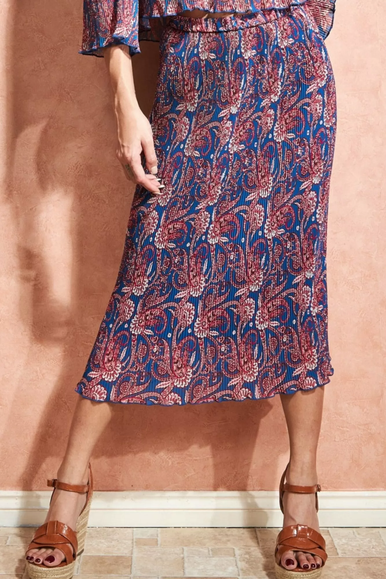 Skirts^City Goddess Printed Shirred Midi Skirt Blue
