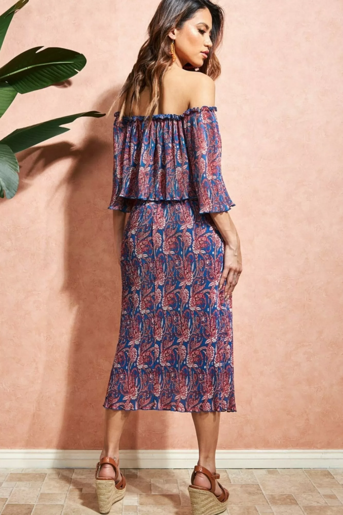 Skirts^City Goddess Printed Shirred Midi Skirt Blue