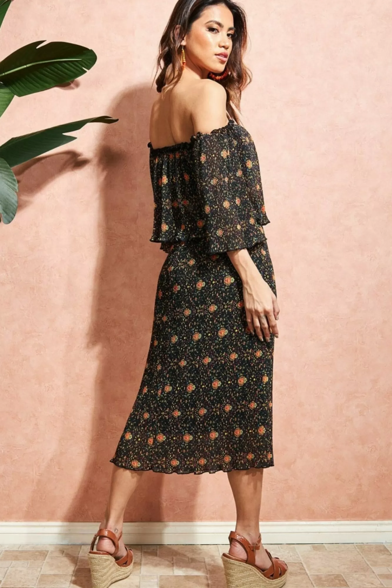 Skirts^City Goddess Printed Shirred Midi Skirt Black