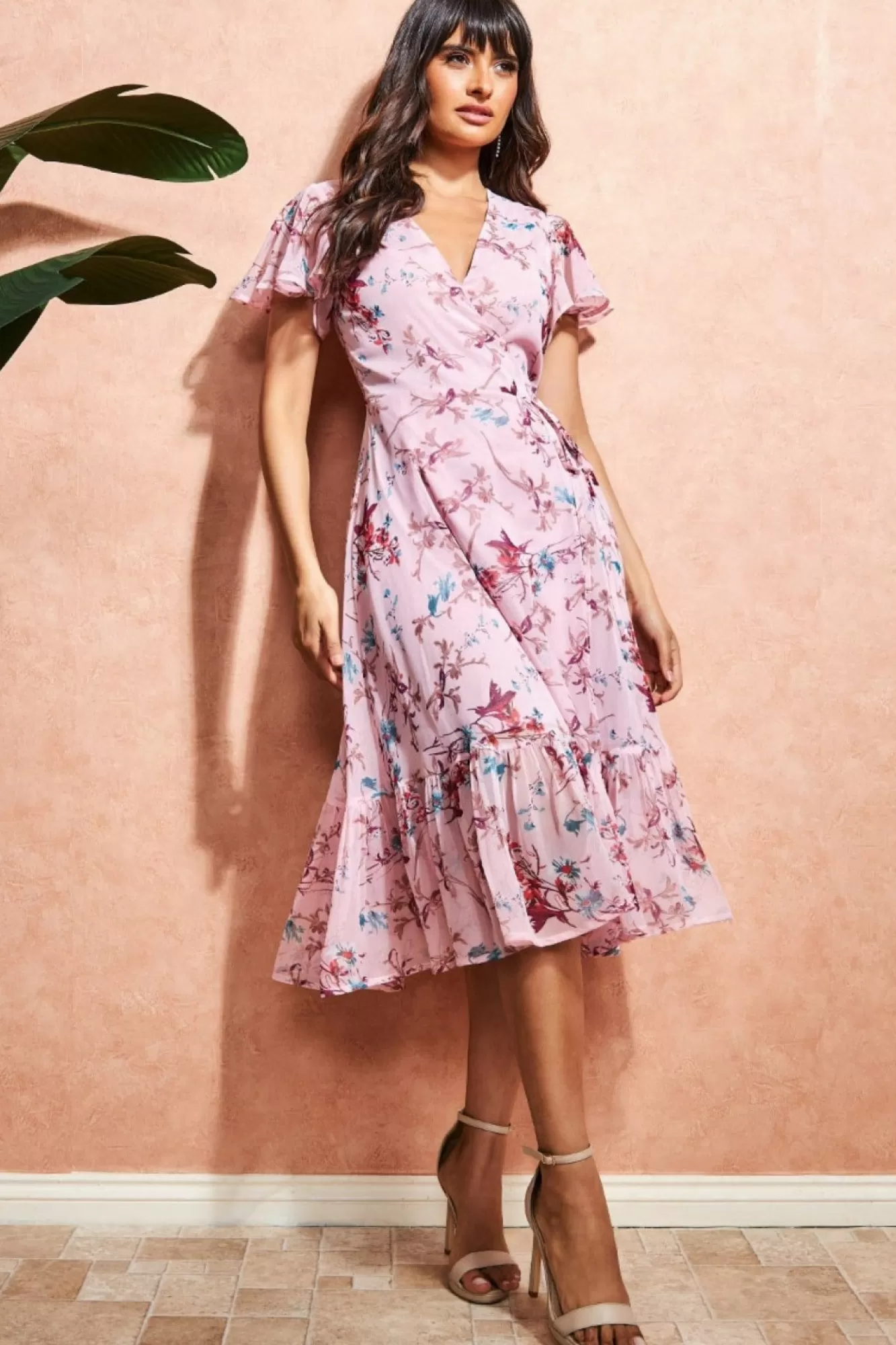 Midi Dresses^City Goddess Wrap Flutter Sleeve Floral Midi Dress Peach