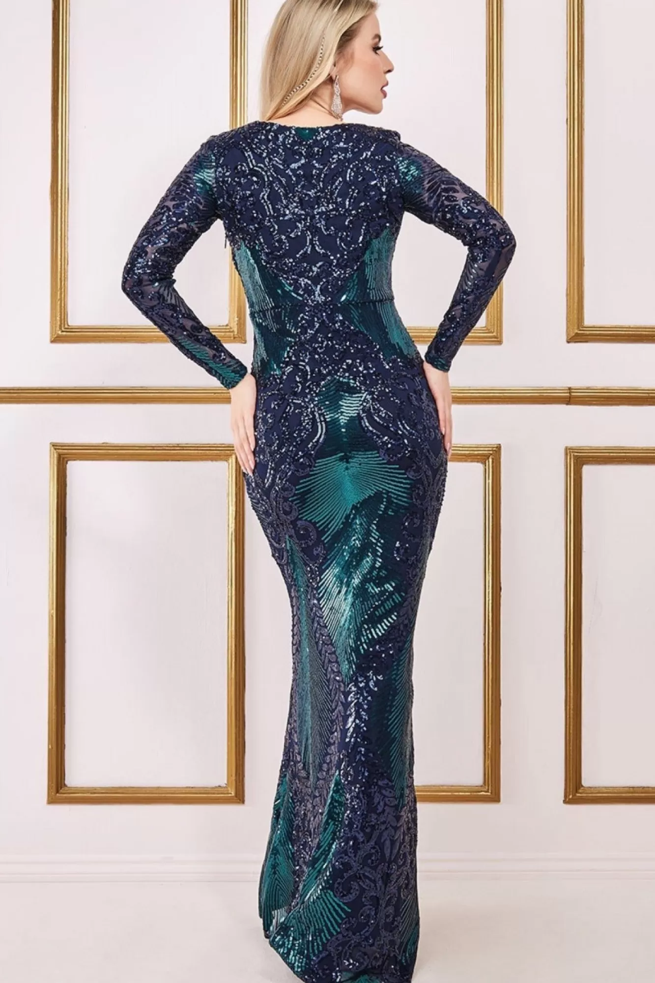 Maxi Dresses^* Contrast Sequin Long Sleeve Maxi Dress Emerald