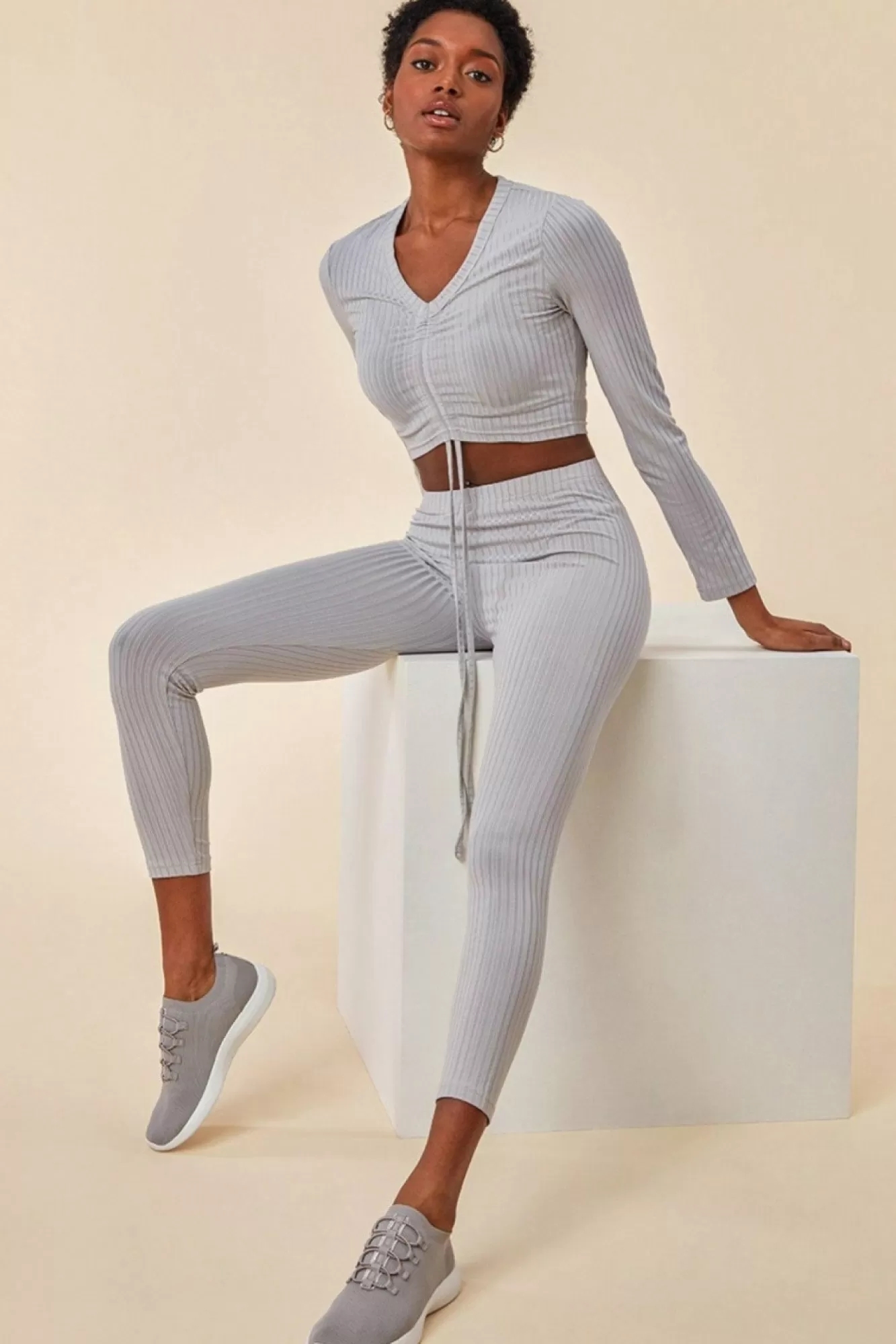 Loungewear & Sleepwear^Cosmochic Ribbed Drawstring Crop Top With Leggings Set Grey