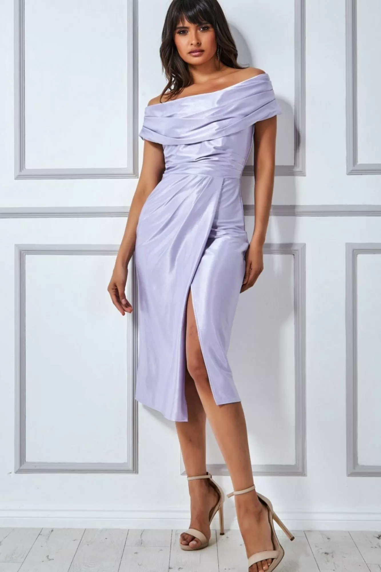 Midi Dresses^* Cowl Neck Bardot Satin Midi Front Split Lilac