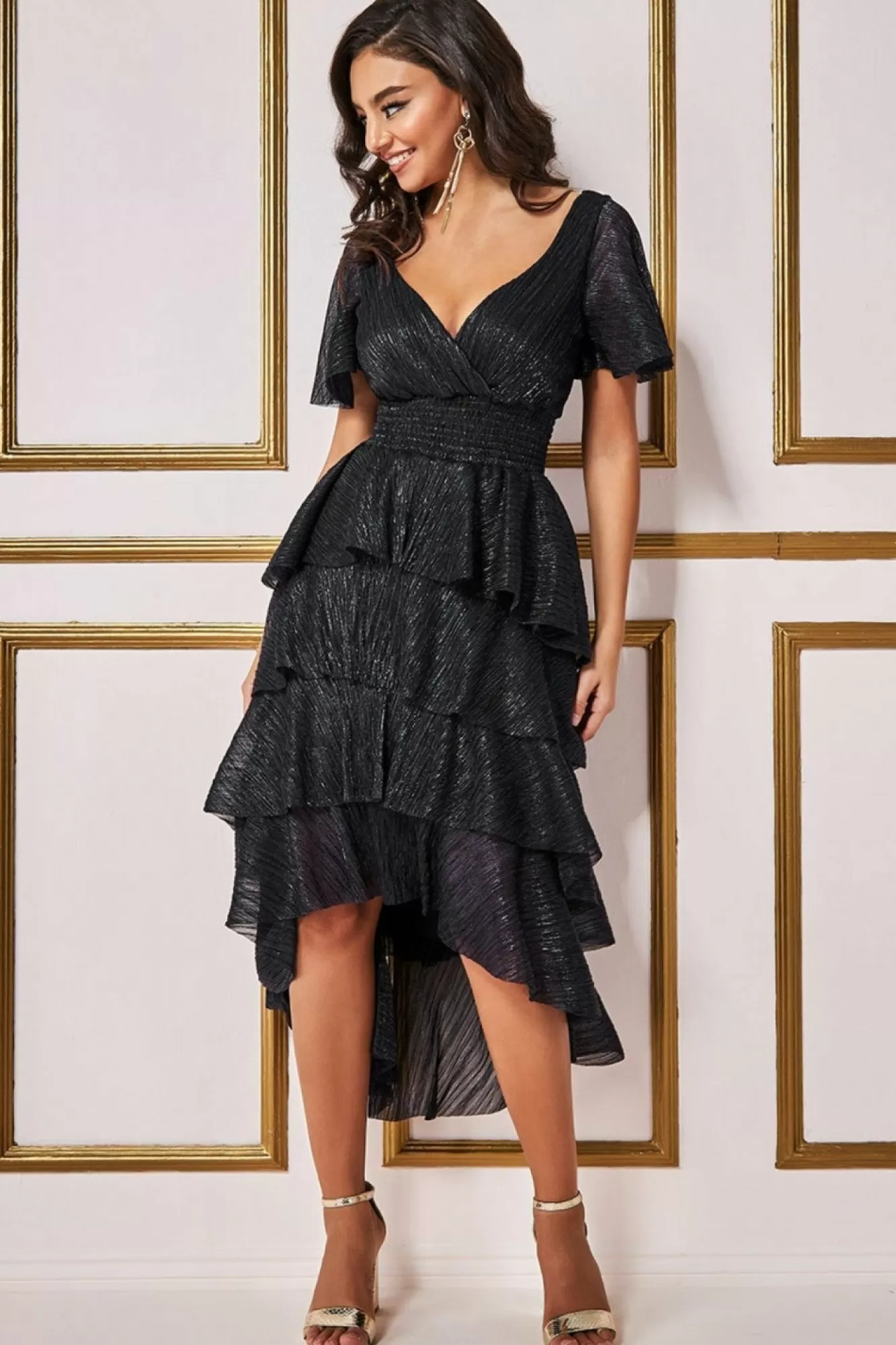 Midi Dresses^* Crinkle Lurex High Low Layered Midi Dress Black