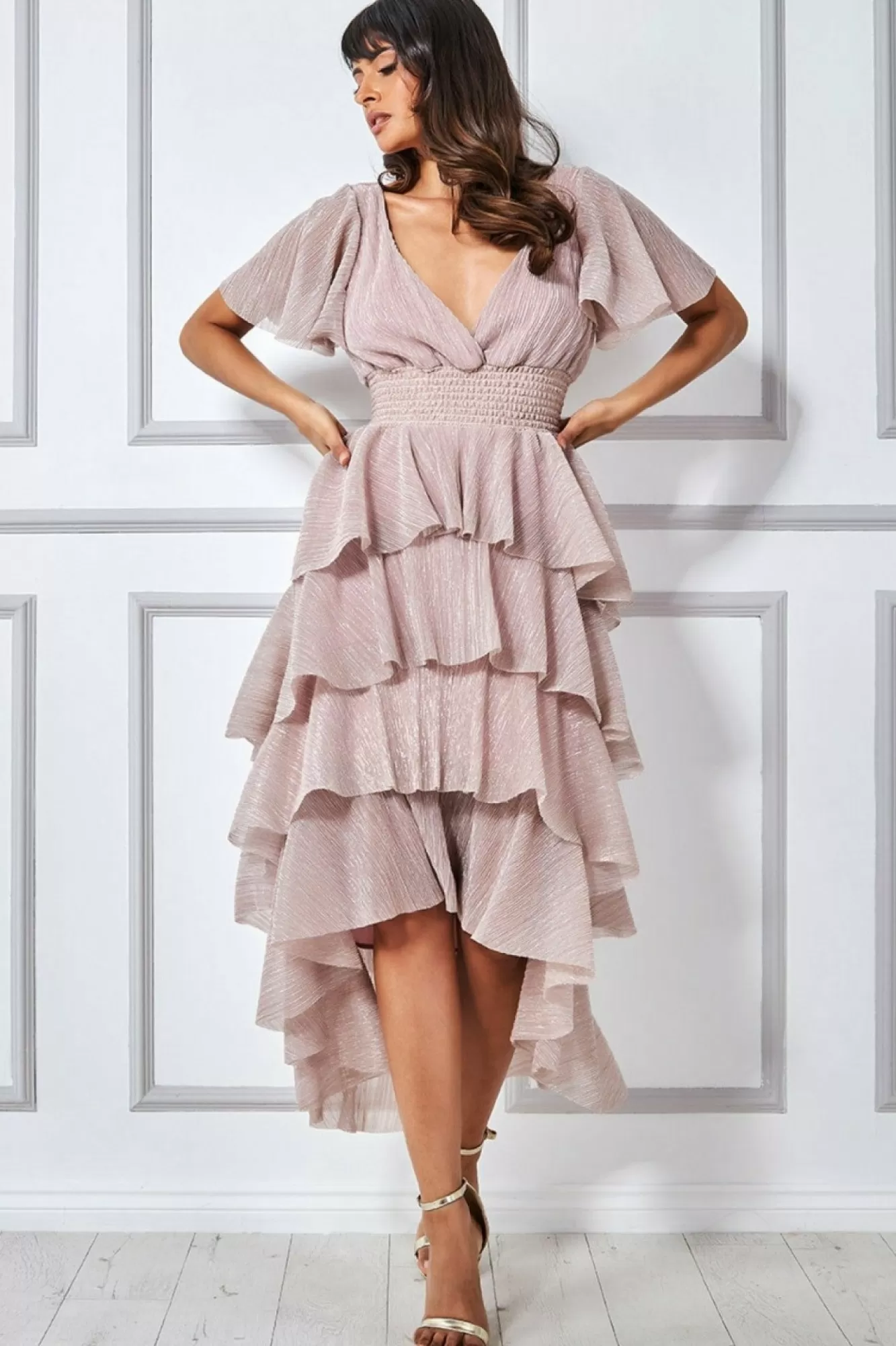 Midi Dresses^* Crinkle Lurex High Low Layered Midi Dress Blush