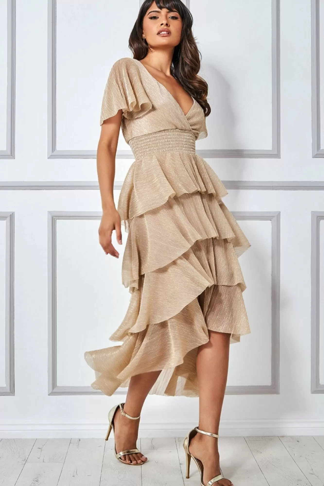 Midi Dresses^* Crinkle Lurex High Low Layered Midi Dress Gold
