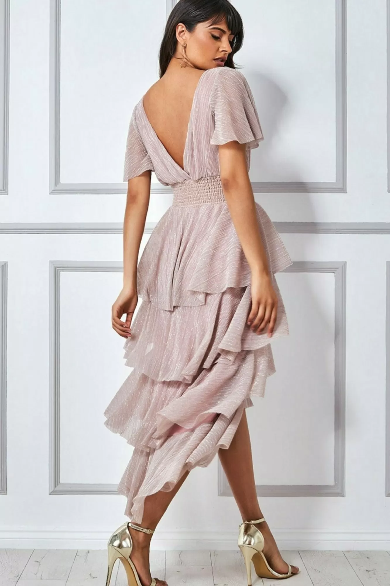 Midi Dresses^* Crinkle Lurex High Low Layered Midi Dress Blush