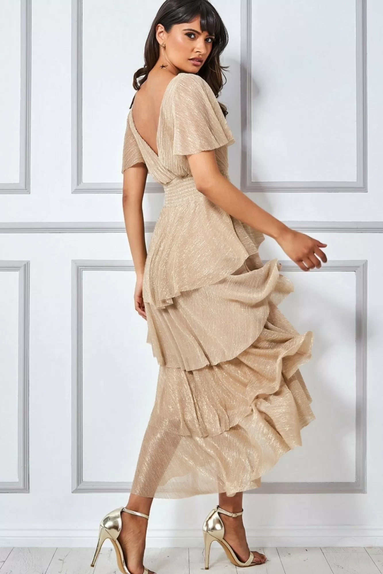 Midi Dresses^* Crinkle Lurex High Low Layered Midi Dress Gold